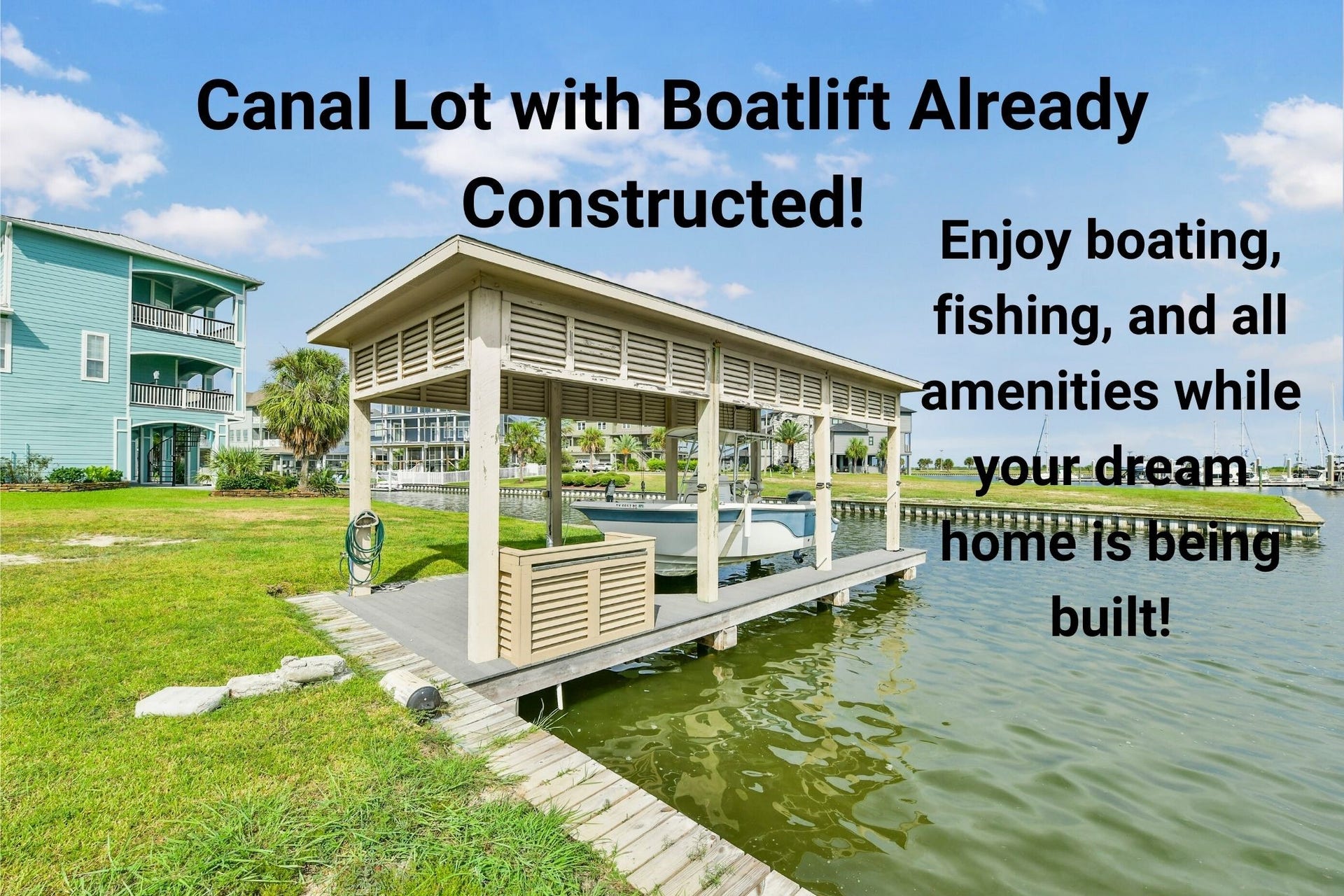 22 Fleming, Hitchcock, TX 77563 Lot near marina and amenities comes with fully built boatlift. Enjoy fishing, boating, and all the amenities while your dream home is being built!