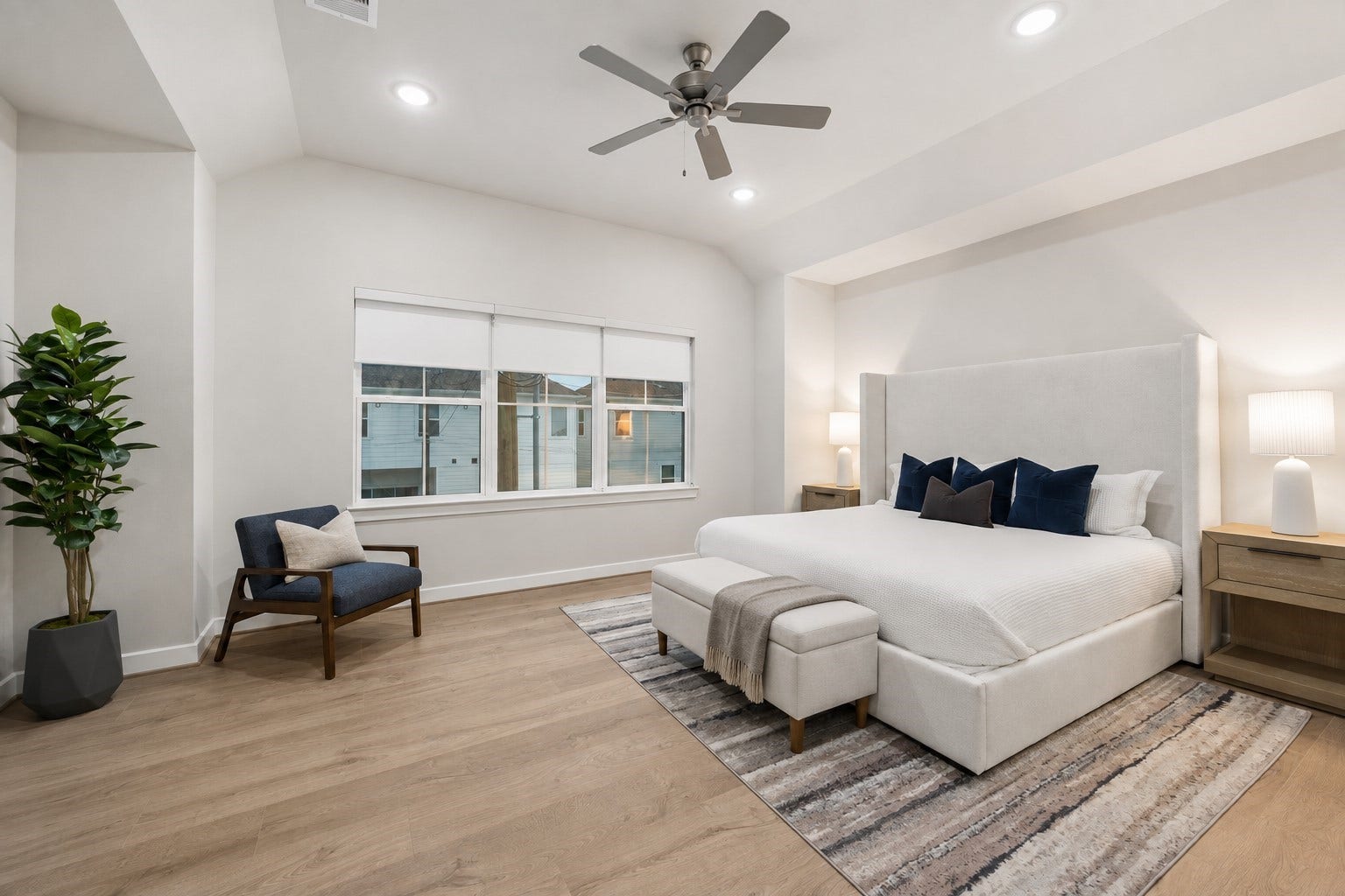 6382 Paddington Bend Drive, Houston, TX 77008 Representative photo showing the communitys model home primary bedroom. Layout and selections may vary.