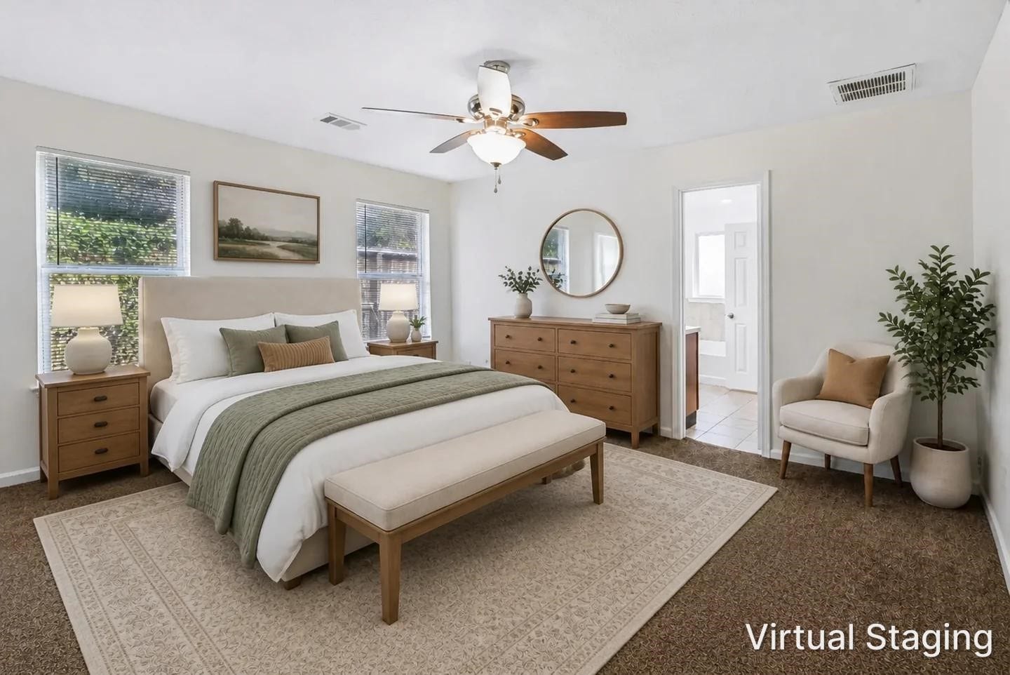 6528 Utah Street, Houston, TX 77091 Spacious and serene, this beautifully staged bedroom features a cozy bed with soft linens, ample natural light from two large windows.