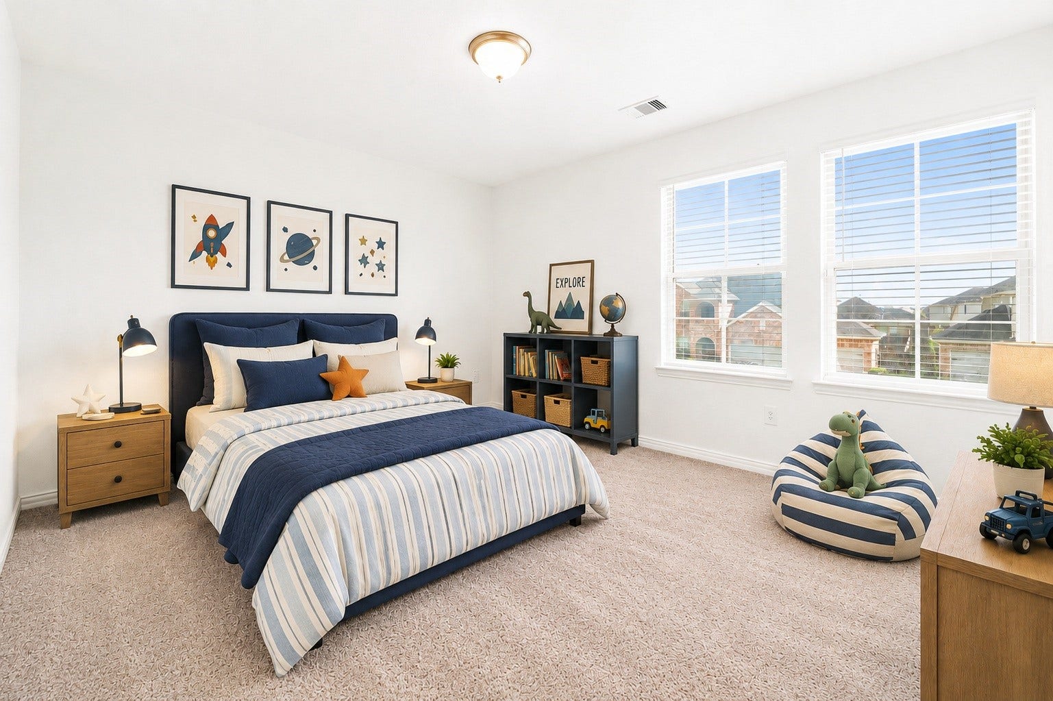 31619 Donoso Drive, Fulshear, TX 77441 A generously sized secondary bedroom upstairs offers plush carpet and two windows with neighborhood views. Virtually staged.