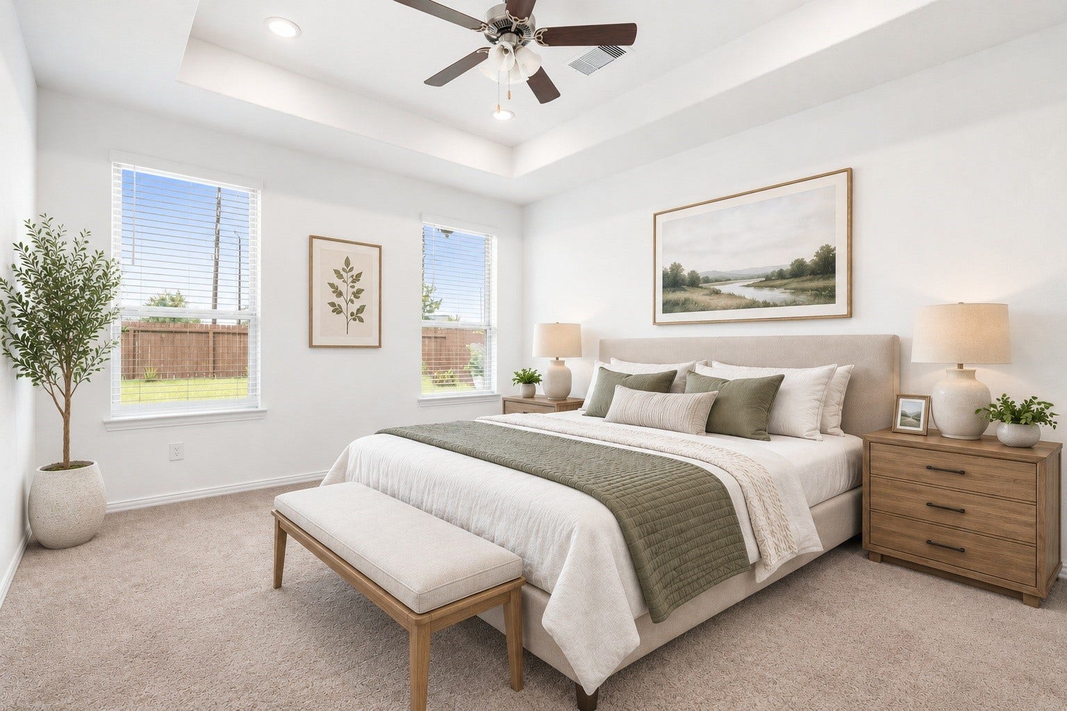 31619 Donoso Drive, Fulshear, TX 77441 Conveniently located on the first floor, the primary suite offers a tray ceiling, ceiling fan, and plush carpet, with two windows overlooking the backyard. Virtually staged.