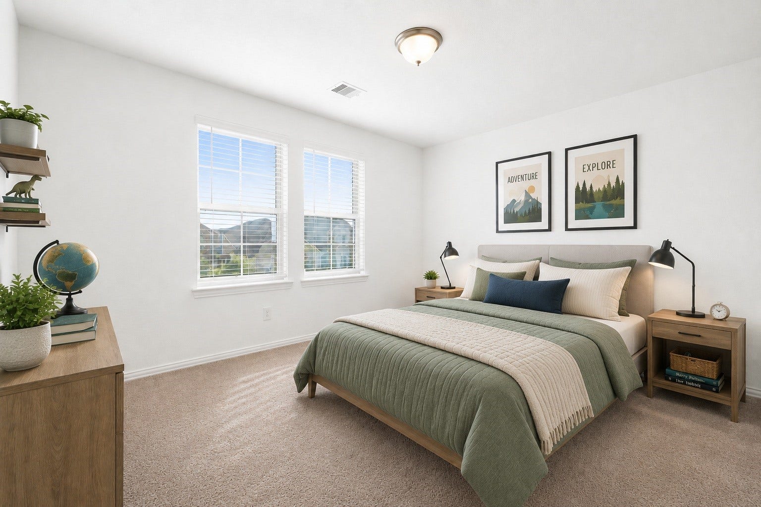 31619 Donoso Drive, Fulshear, TX 77441 Upstairs, this secondary bedroom features a tray ceiling, ceiling fan, and two windows, a bright, comfortable retreat. Virtually staged.