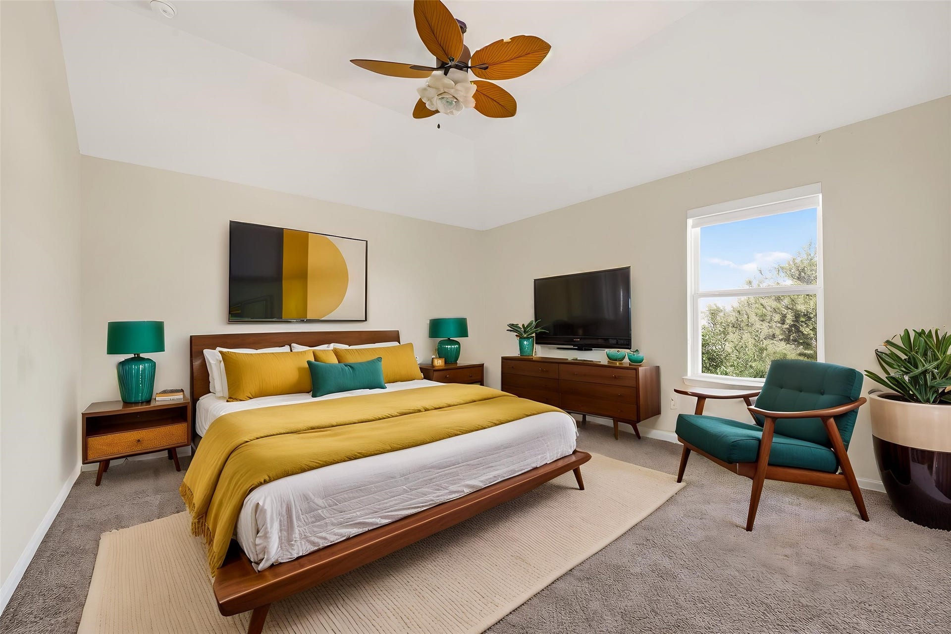 51 Scepter Ridge, Sugar Land, TX 77498 There are 2 bedrooms upstairs, providing a comfortable retreat with carpeted floors and large windows for natural light. This photo is virtually staged to show one possible configuration of furniture. How will YOU make it your own?