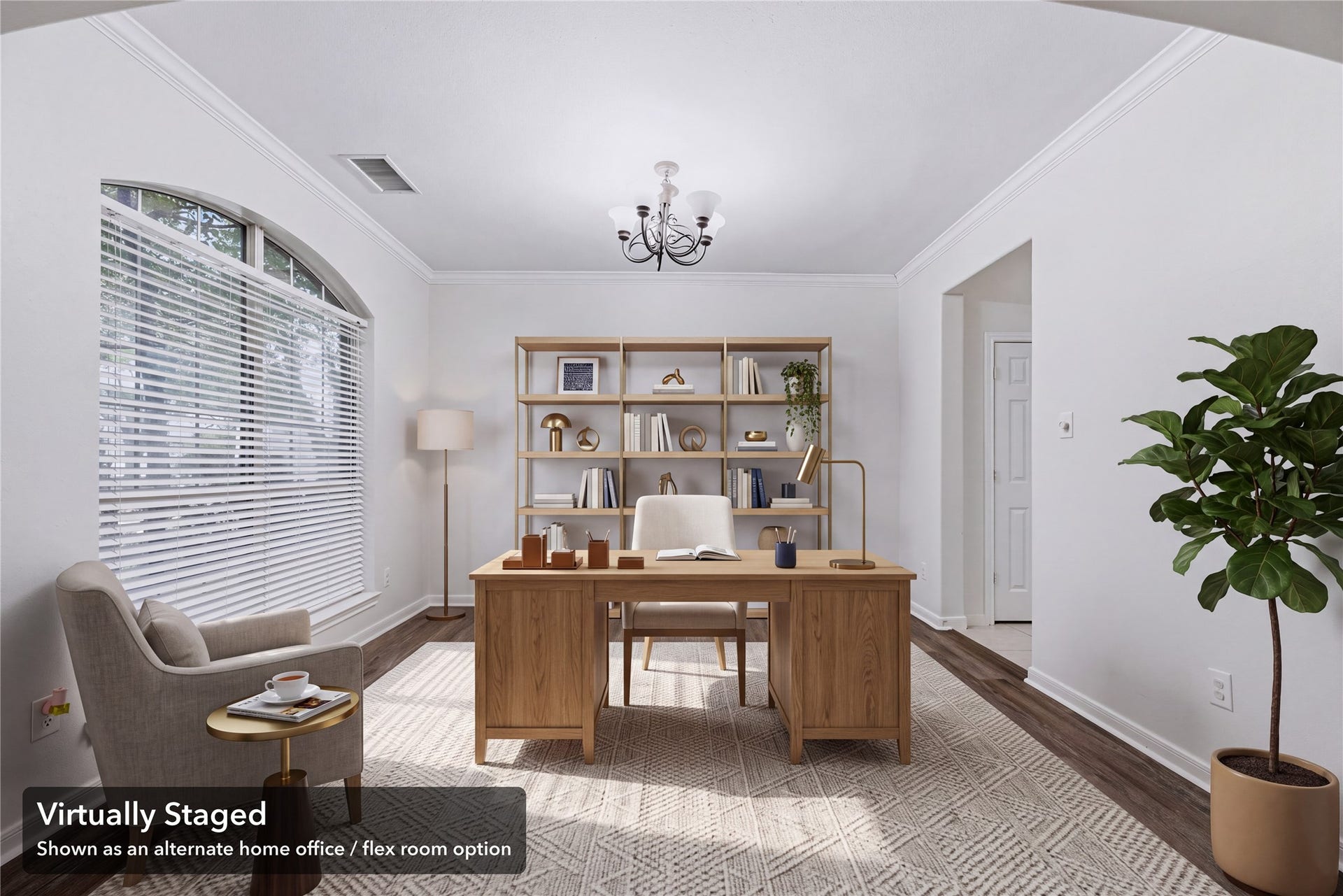 Virtually staged as an alternate home-office setup, showing another way to use the front dining room. Furniture shown is digital.
