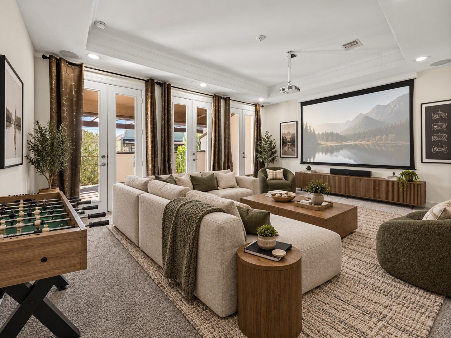 **Virtually Staged** This spacious game/flex room with access to the covered rooftop terrace enjoys soft natural light and a calm neutral palette. Generous proportions allow the room to adapt easily to a variety of needs.
