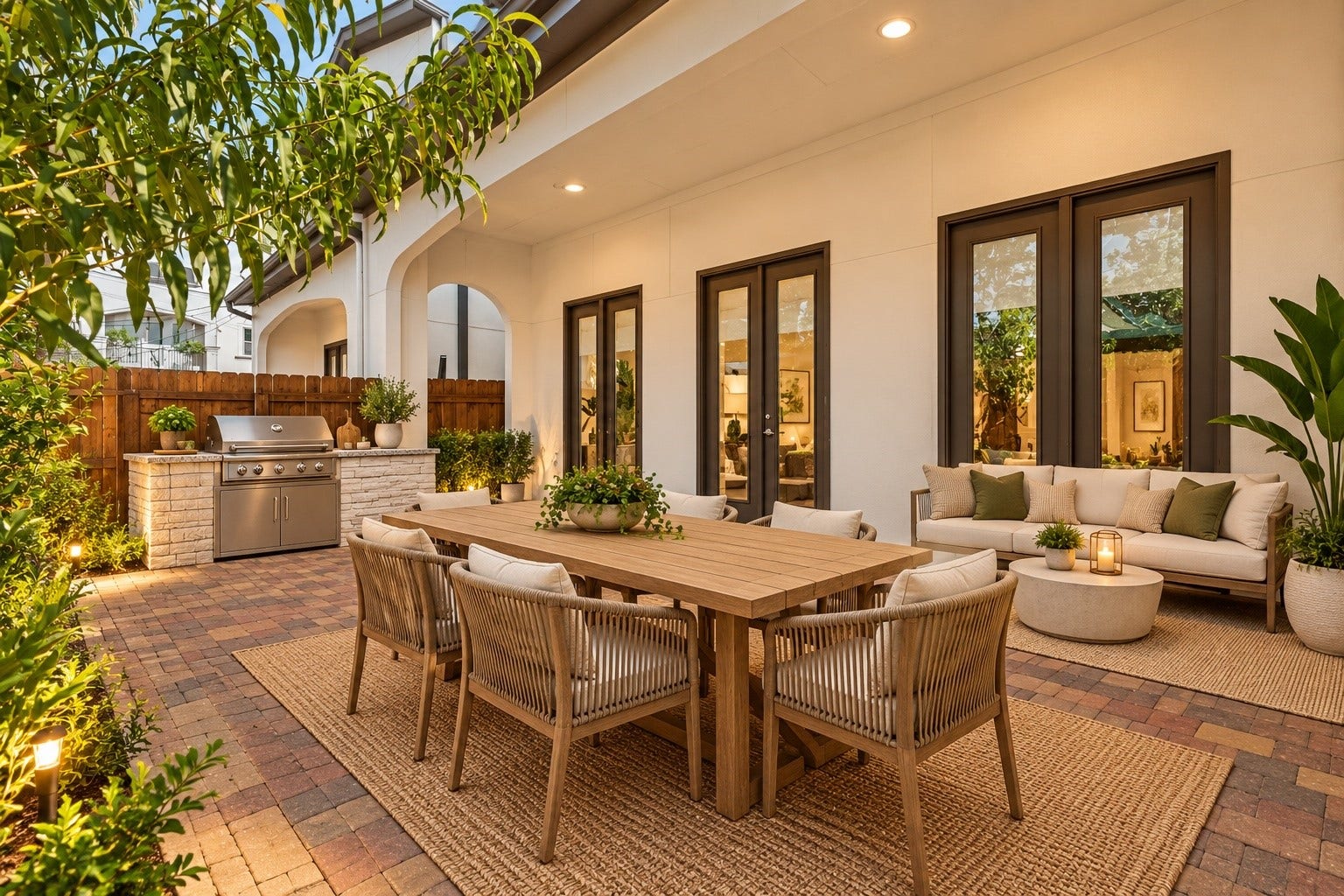 **Virtually Staged & Rendered. There is no built-in grill** French doors open from the main living area to a covered loggia and adjoining courtyard. This sheltered transition encourages effortless indoor-outdoor living throughout the year.