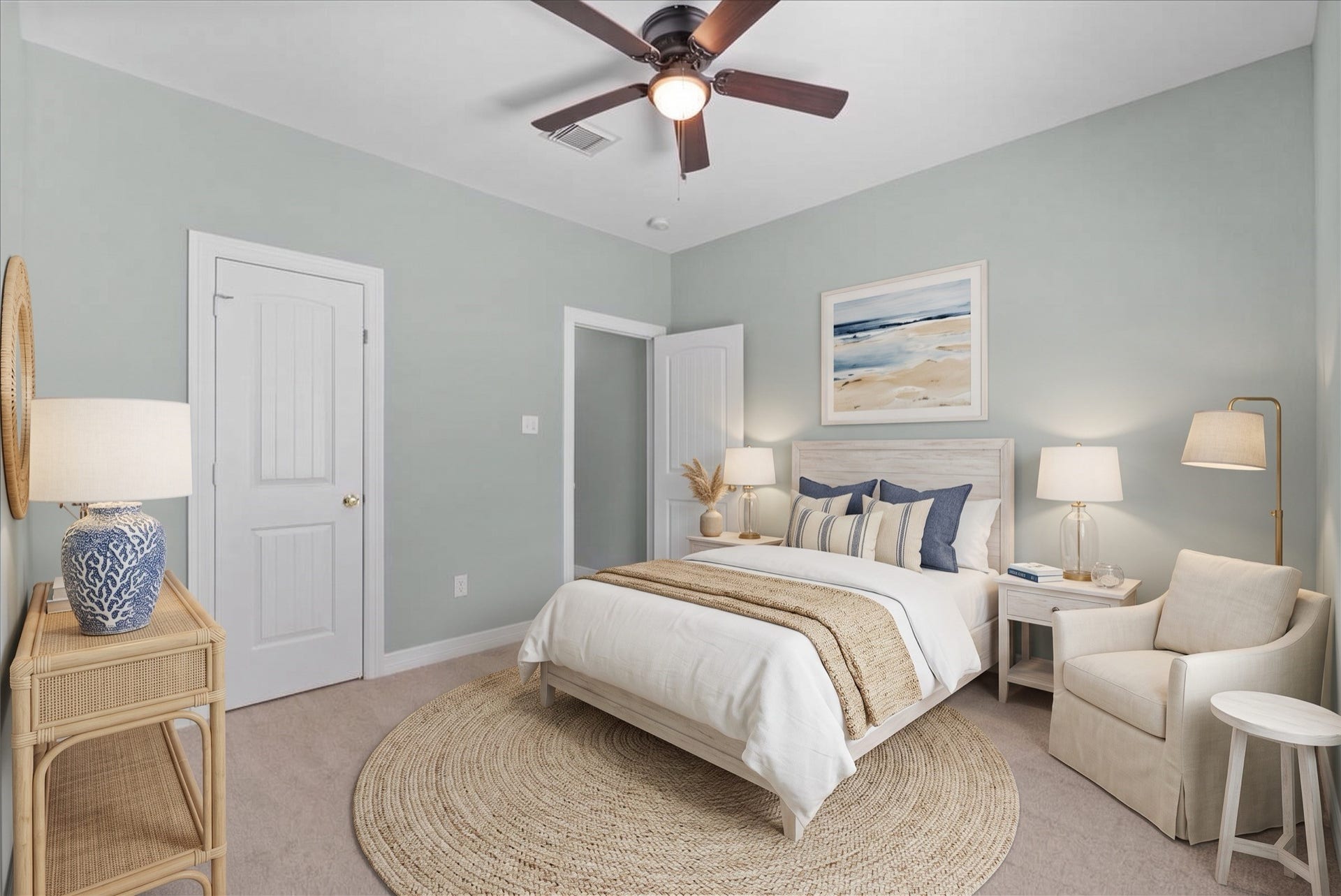 15531 Maple Street, Santa Fe, TX 77517 This room features new carpet, a ceiling fan, and a walk-in closet, with a second door offering additional storage or access. Soft neutral paint and generous natural light give the space a bright, airy feel.