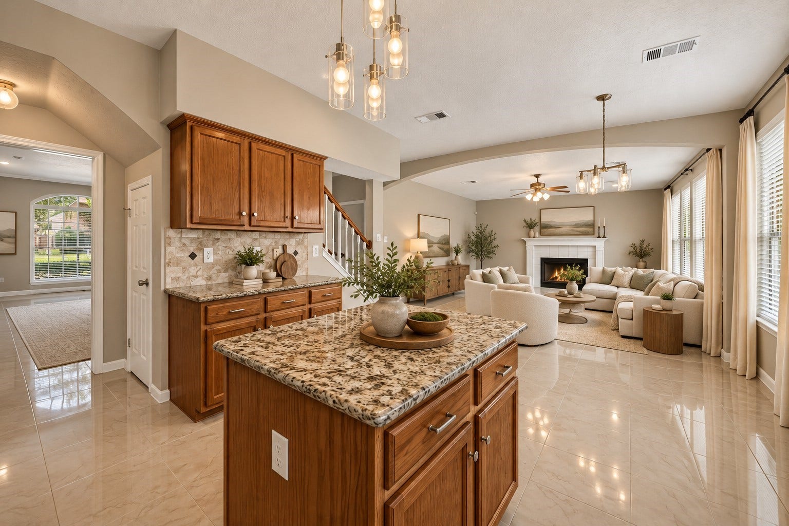 2130 Autumn Fern Drive, Katy, TX 77450 Kitchen & Living Area Open Concept -
Beautifully designed open-concept living showcases high ceilings, elegant archways, gleaming tile flooring and a spacious kitchen that flows effortlessly into the inviting living area with a fireplace.