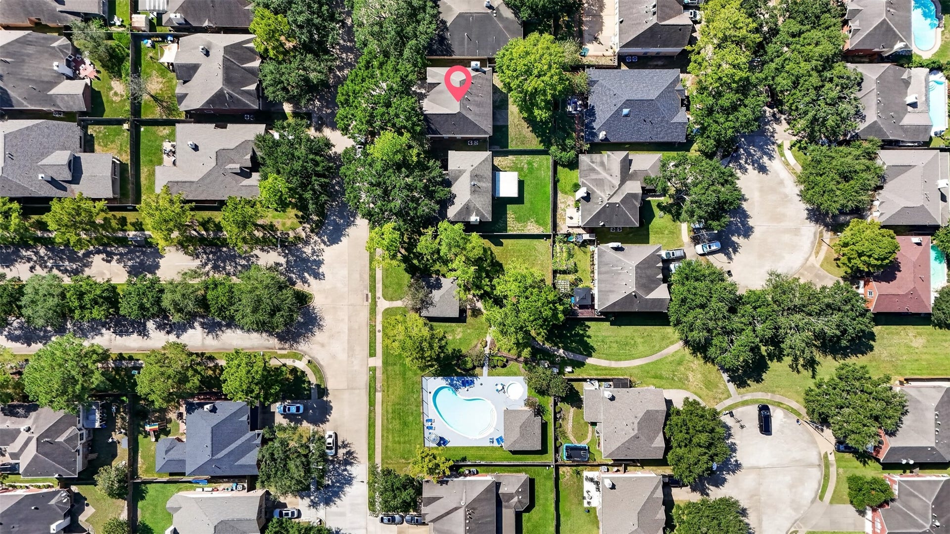 2130 Autumn Fern Drive, Katy, TX 77450 Aerial View Property Location
Bird's-eye view highlighting the home's location within Highland Trails, surrounded by mature trees, established landscaping and nearby residential streets.