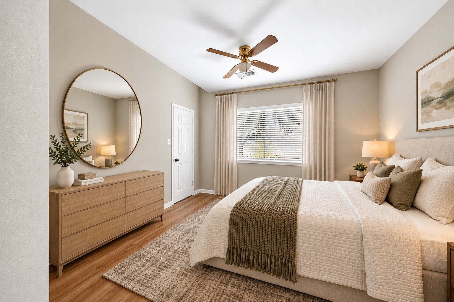 2130 Autumn Fern Drive, Katy, TX 77450 Secondary Bedroom Alternate View: Bright secondary bedroom with a large window, neutral finishes and warm wood-look flooring, creating an inviting atmosphere.