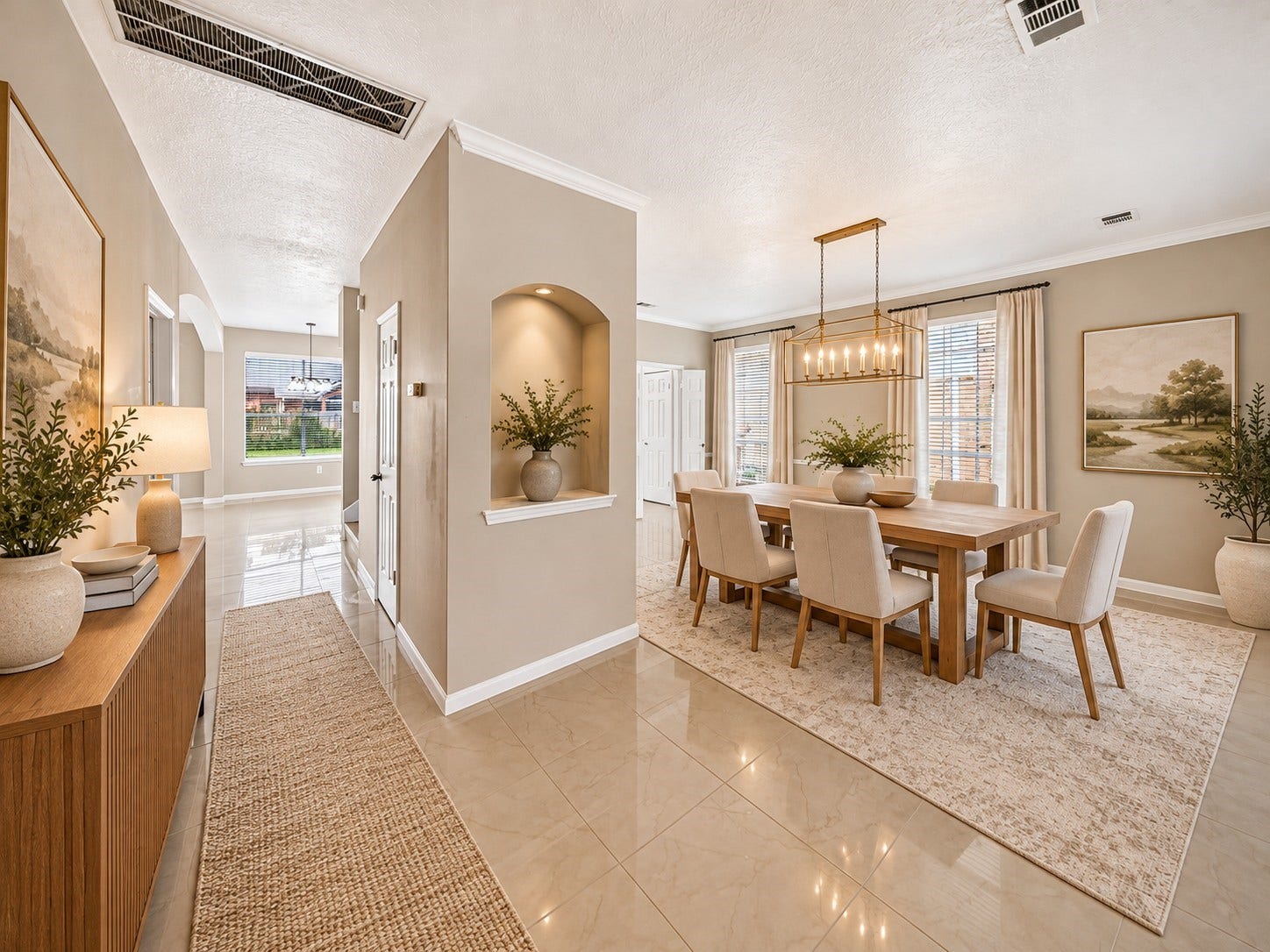 2130 Autumn Fern Drive, Katy, TX 77450 Formal Dining Room & Hallway -
Beautifully appointed dining space highlights an open, airy layout with decorative architectural niches, crown molding, expansive windows and seamless flow to the home's additional living areas.