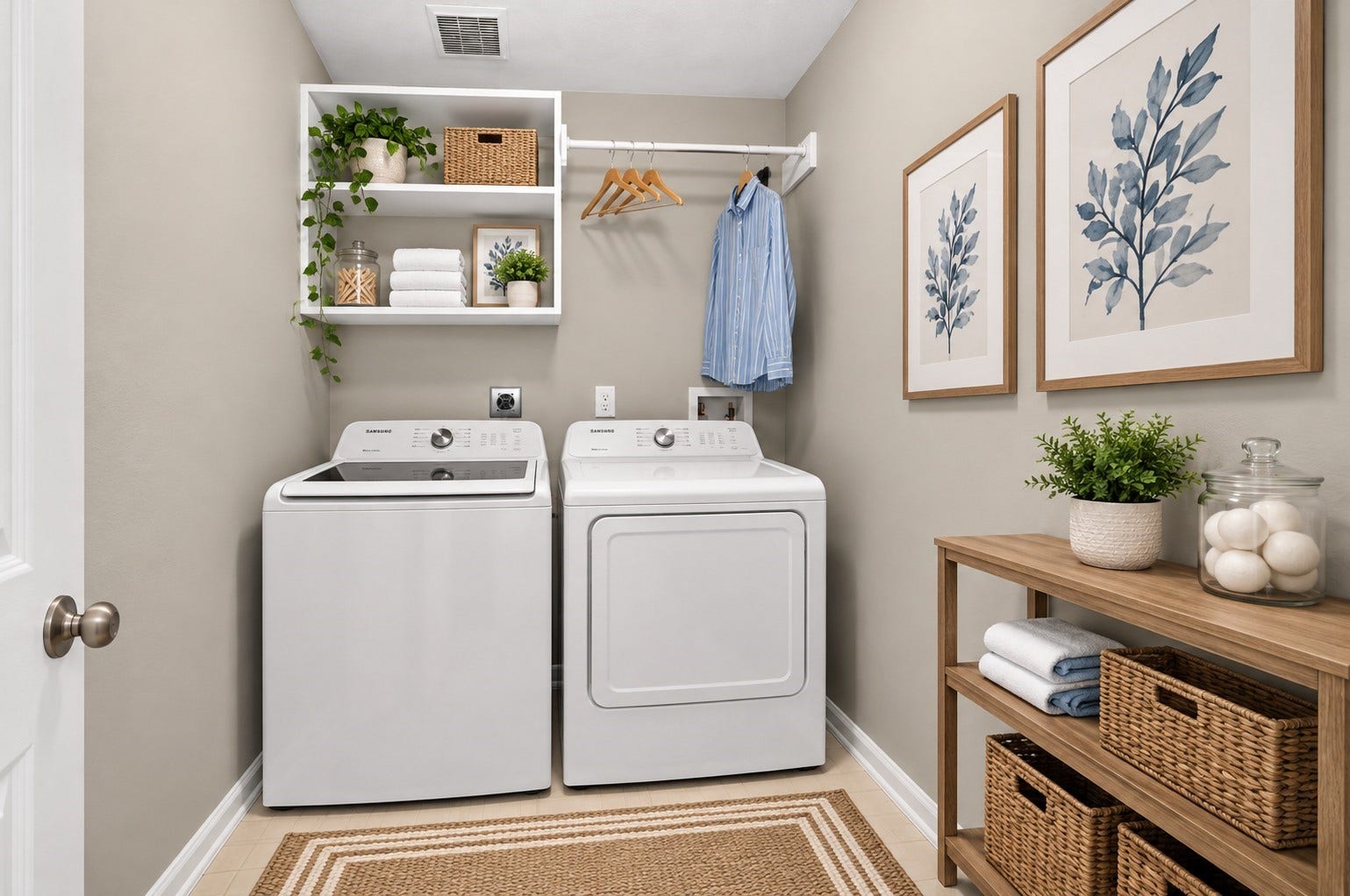 2130 Autumn Fern Drive, Katy, TX 77450 Laundry Room: Dedicated indoor laundry space features convenient shelving, a hanging rod and room for full-size appliances, offering functionality and organized storage.