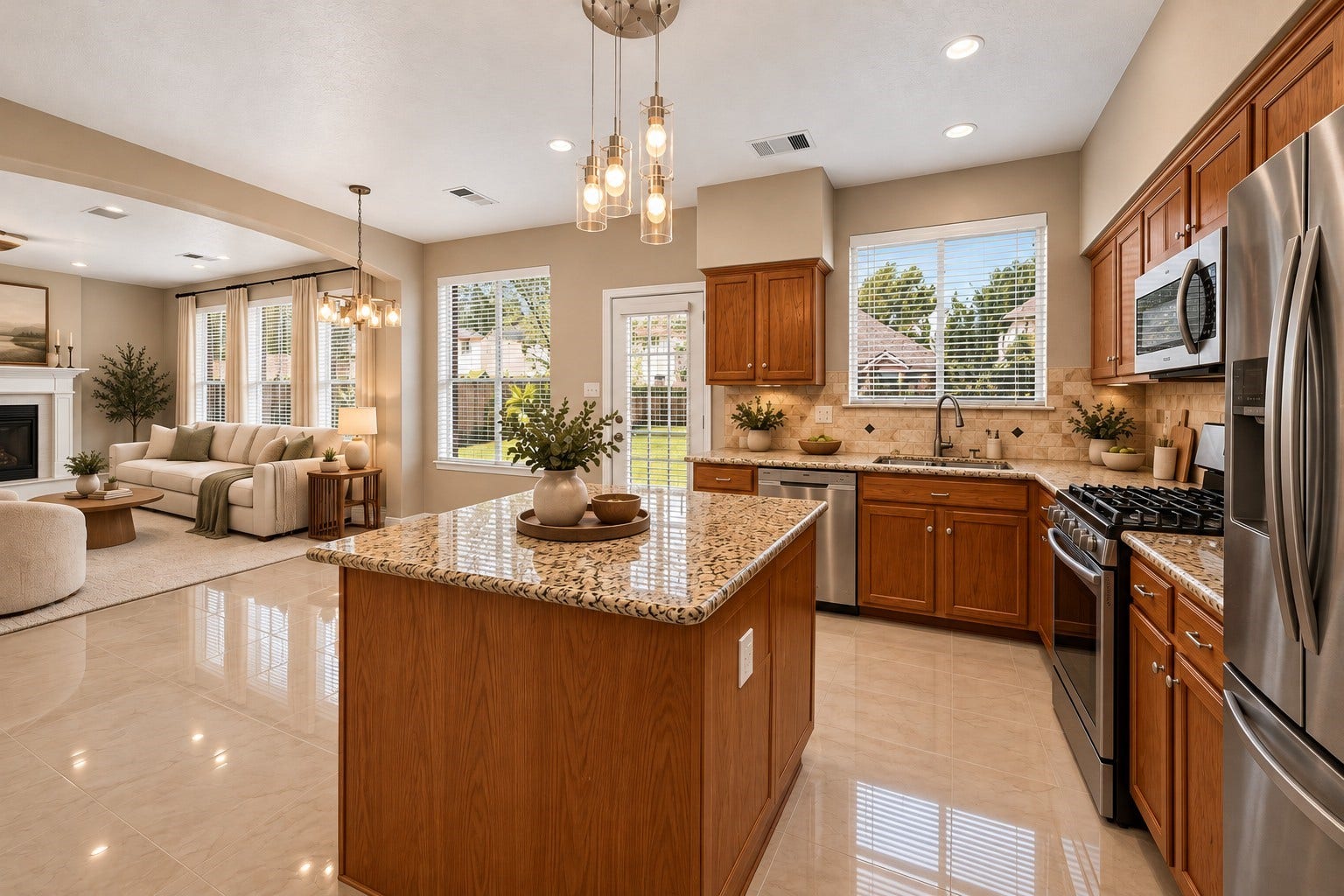 2130 Autumn Fern Drive, Katy, TX 77450 Kitchen Open Living Concept -
Bright, inviting kitchen highlighted by abundant natural light, a granite-topped island and stainless steel appliances, seamlessly connecting to the living area for effortless everyday living and entertaining.
