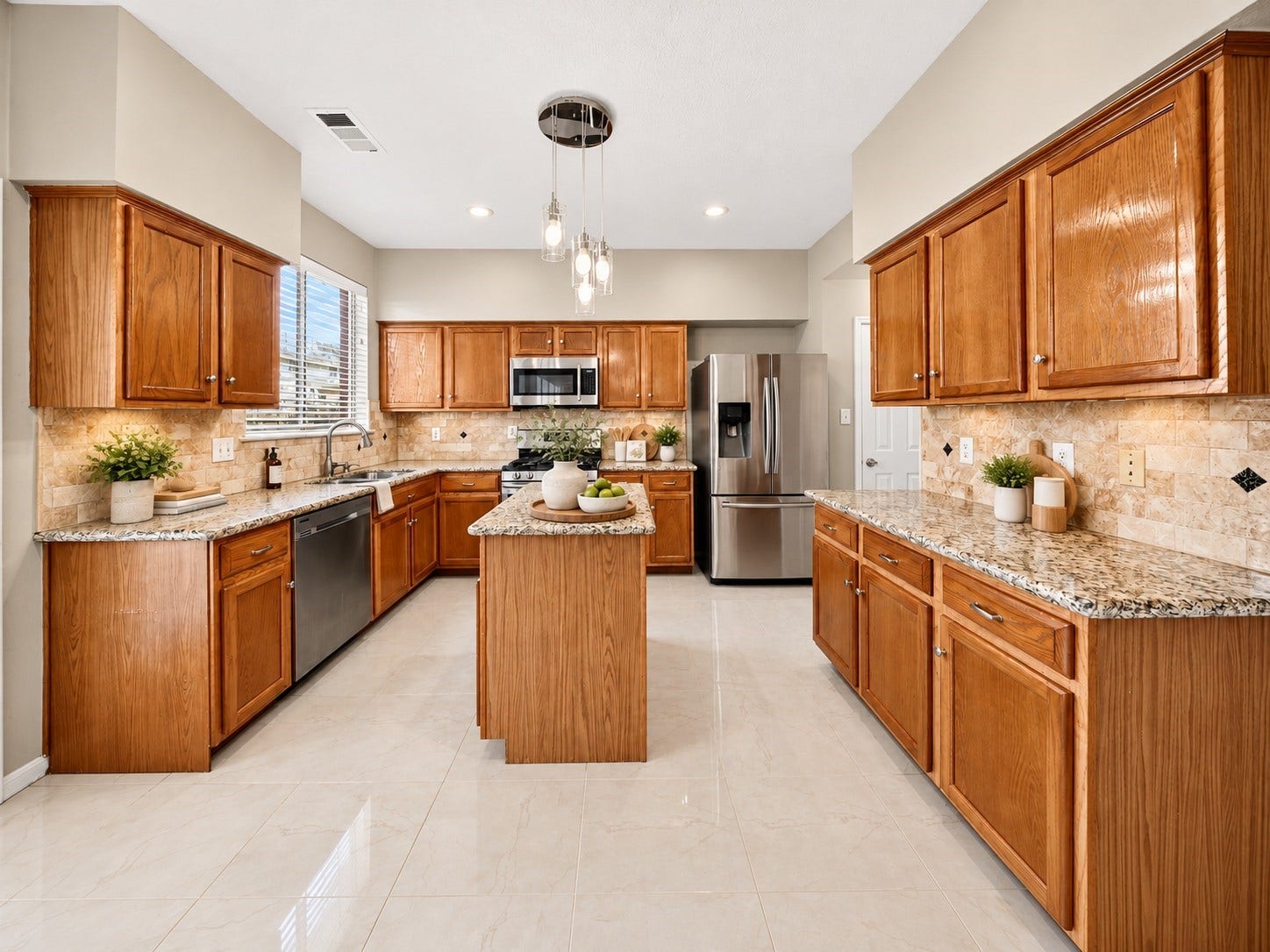 2130 Autumn Fern Drive, Katy, TX 77450 Kitchen Full View -
Spacious kitchen featuring rich wood cabinetry, granite countertops, stainless steel appliances, a center island and stylish pendant lighting, offering generous storage and preparation space.