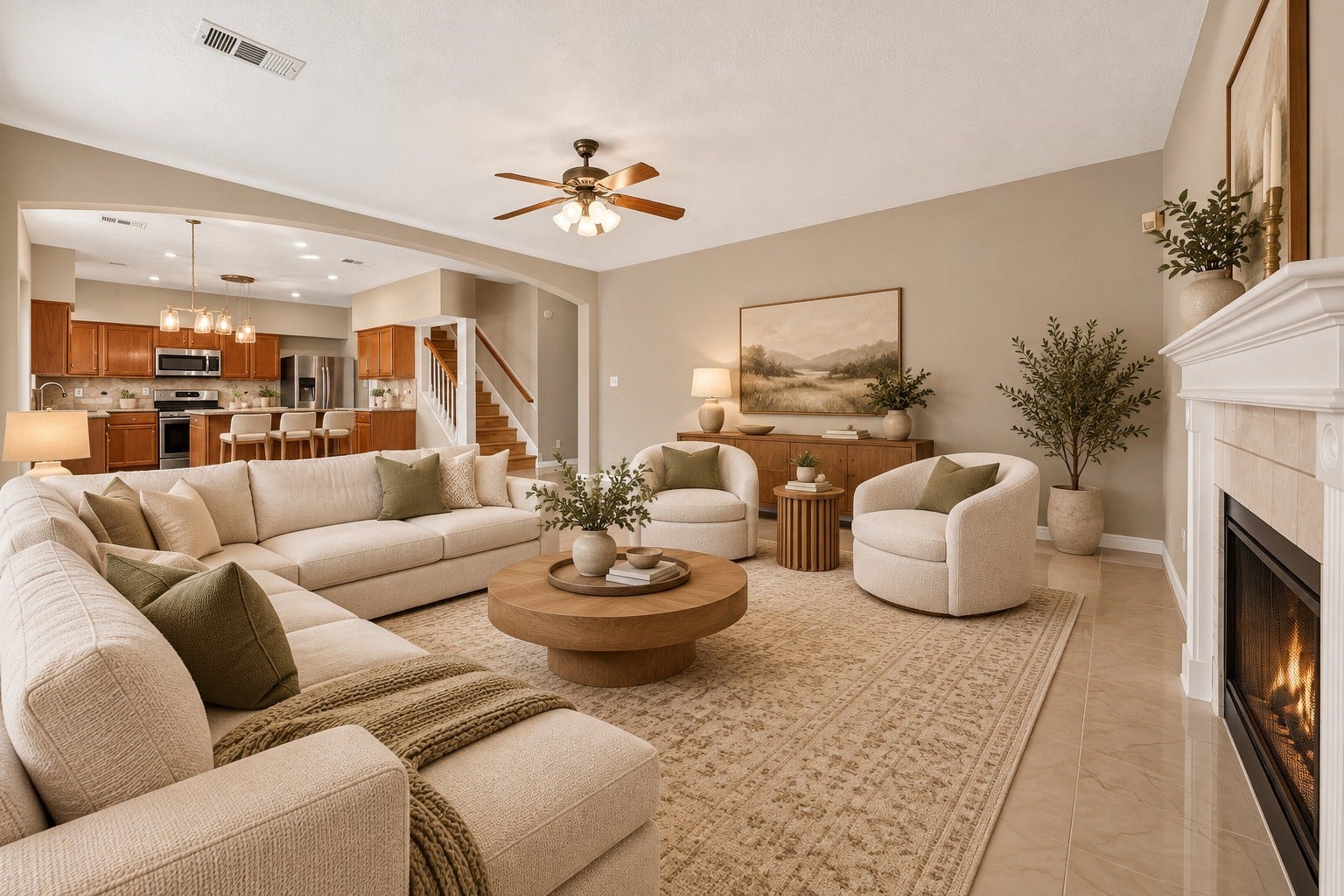 2130 Autumn Fern Drive, Katy, TX 77450 Living Room Open Floor Plan -
Expansive living area with a cozy fireplace, high ceilings and a beautiful arched opening connecting directly to the kitchen, offering an inviting layout designed for comfortable living and entertaining.