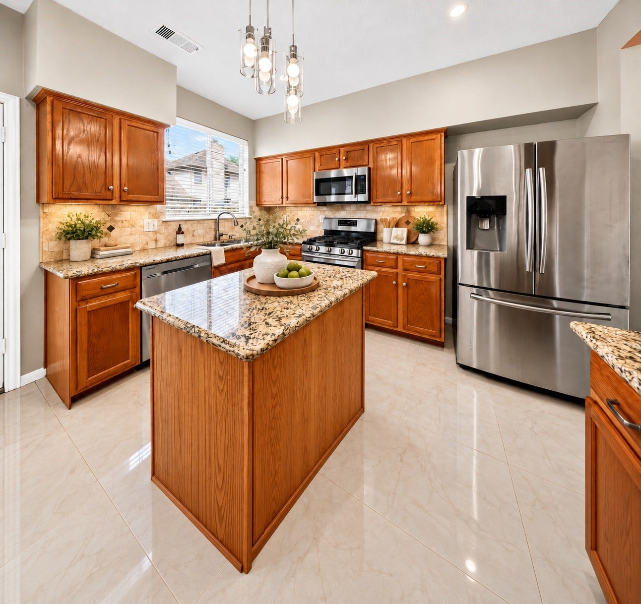 2130 Autumn Fern Drive, Katy, TX 77450 Kitchen Alternate View -
Beautifully appointed kitchen showcases granite countertops, warm wood cabinetry, stainless steel appliances, a gas range and an inviting center island, complemented by modern pendant lighting.