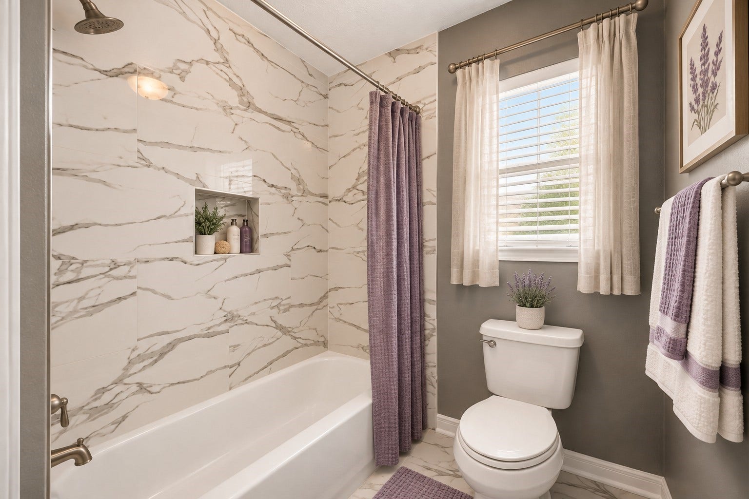 2130 Autumn Fern Drive, Katy, TX 77450 Secondary Bathroom: Beautifully refreshed bathroom featuring a tub and shower combination, elegant marble-look tile surround, recessed storage niche and natural light.
