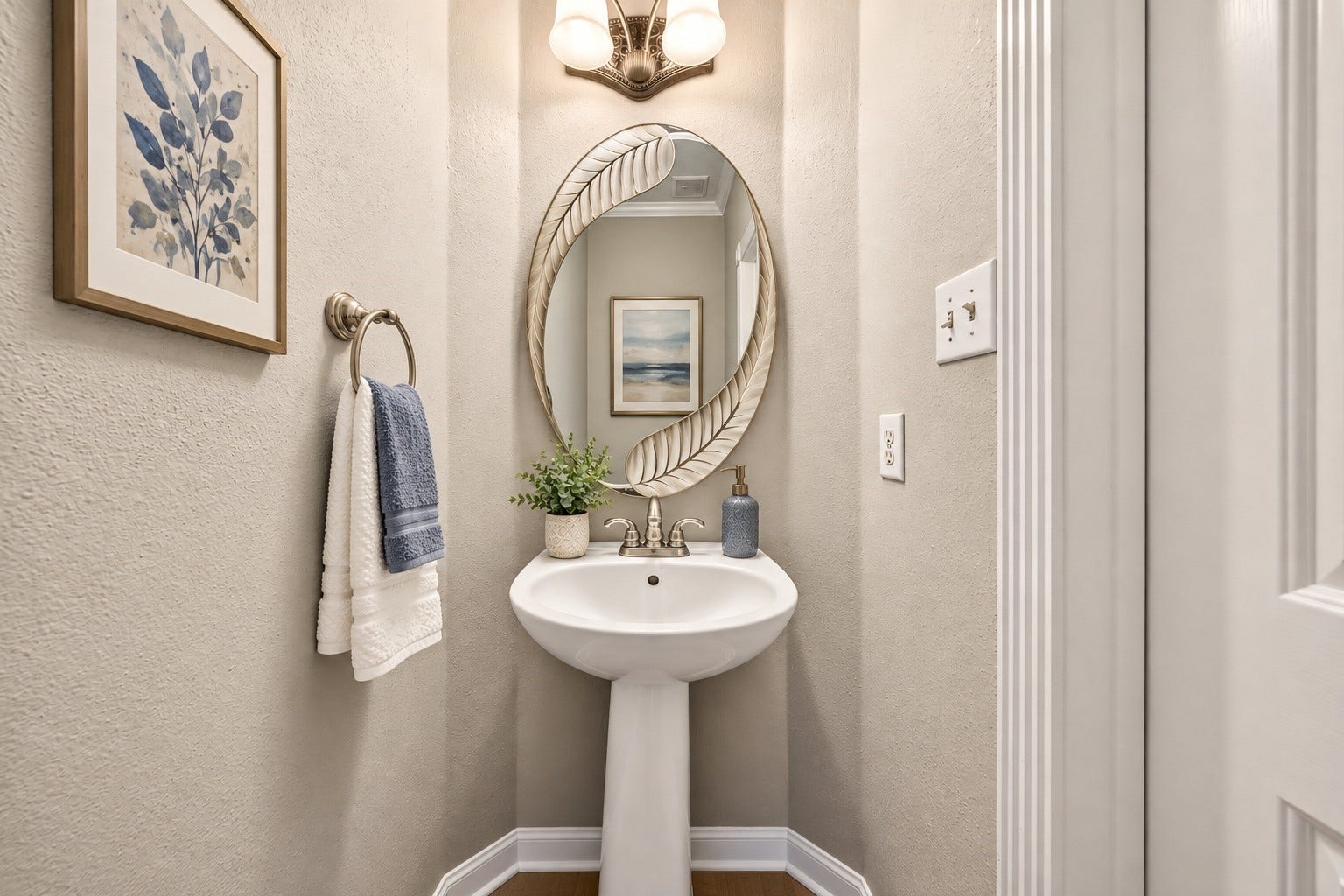 2130 Autumn Fern Drive, Katy, TX 77450 Half Bathroom: Conveniently located powder room features a classic pedestal sink, neutral finishes and a clean, understated design.