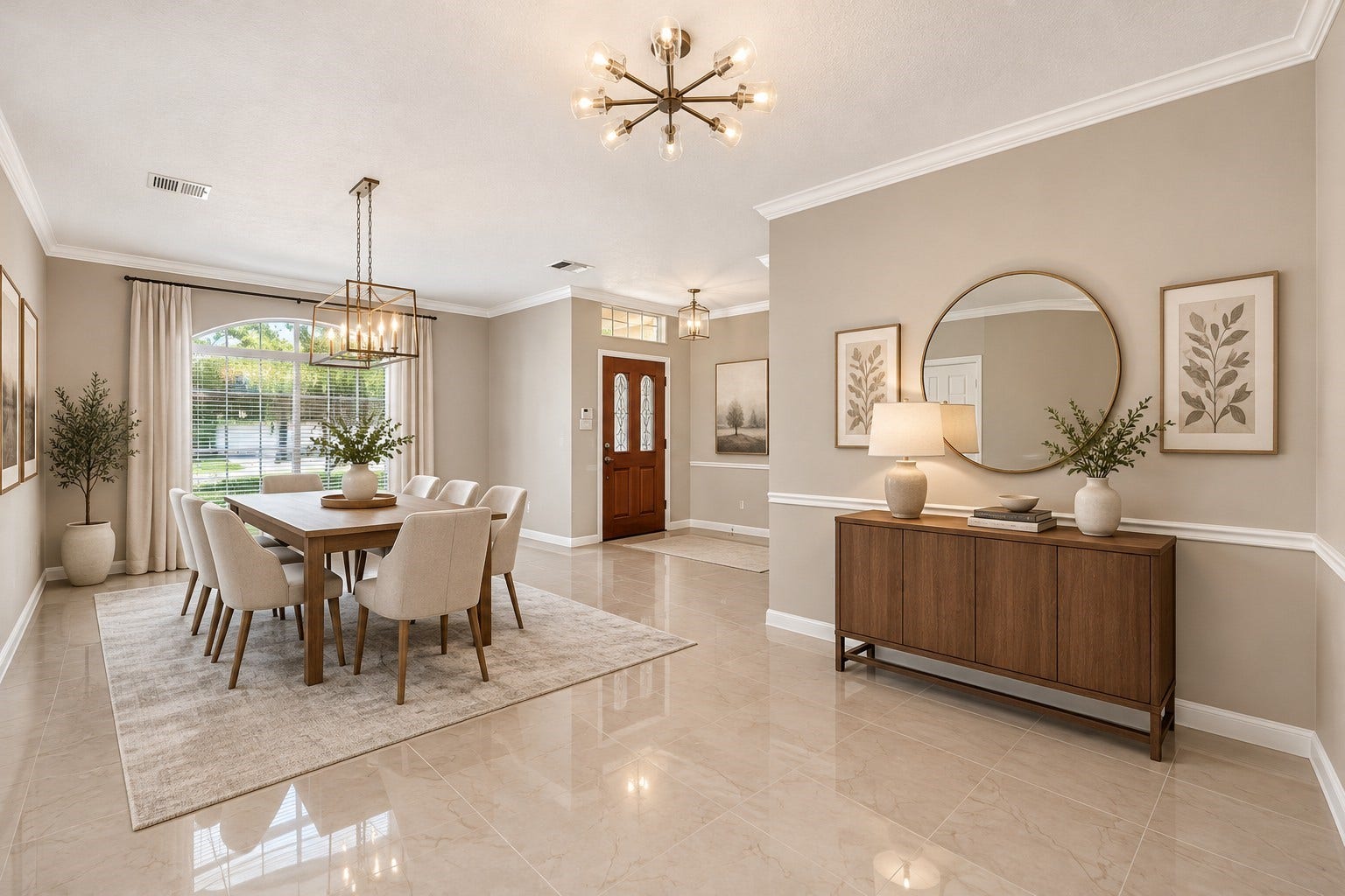 2130 Autumn Fern Drive, Katy, TX 77450 Formal Dining Room & Entryway -
Elegant formal dining room showcases beautiful tile flooring, crown molding, stylish lighting and a large arched window that fills the space with natural light, creating an inviting setting for entertaining.