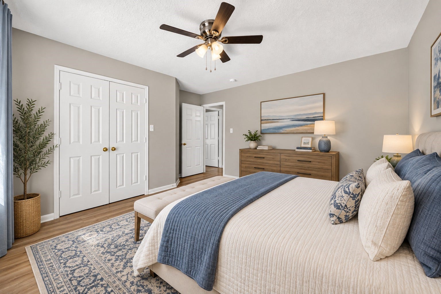 2130 Autumn Fern Drive, Katy, TX 77450 Secondary Bedroom: Spacious secondary bedroom showcasing beautiful wood-look flooring, neutral tones and double-door closet storage for everyday convenience.