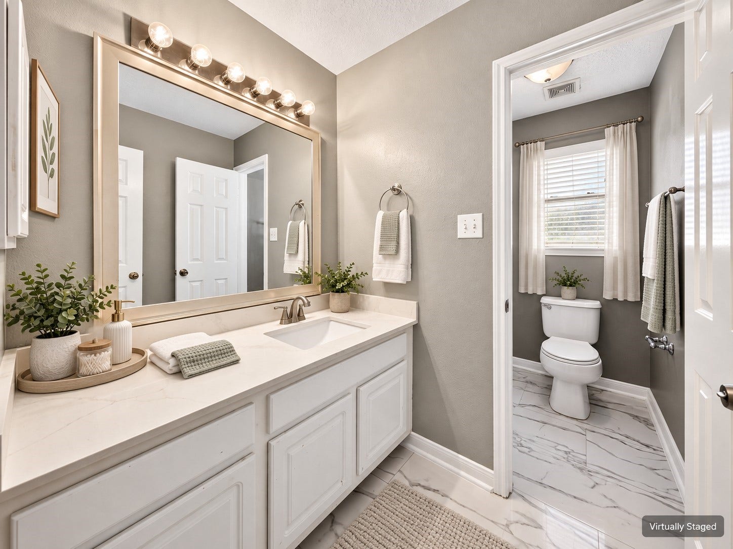 2130 Autumn Fern Drive, Katy, TX 77450 Secondary Bathroom Vanity: Bright vanity area features white cabinetry, generous counter space and an expansive mirror, complementing the adjoining bathroom.