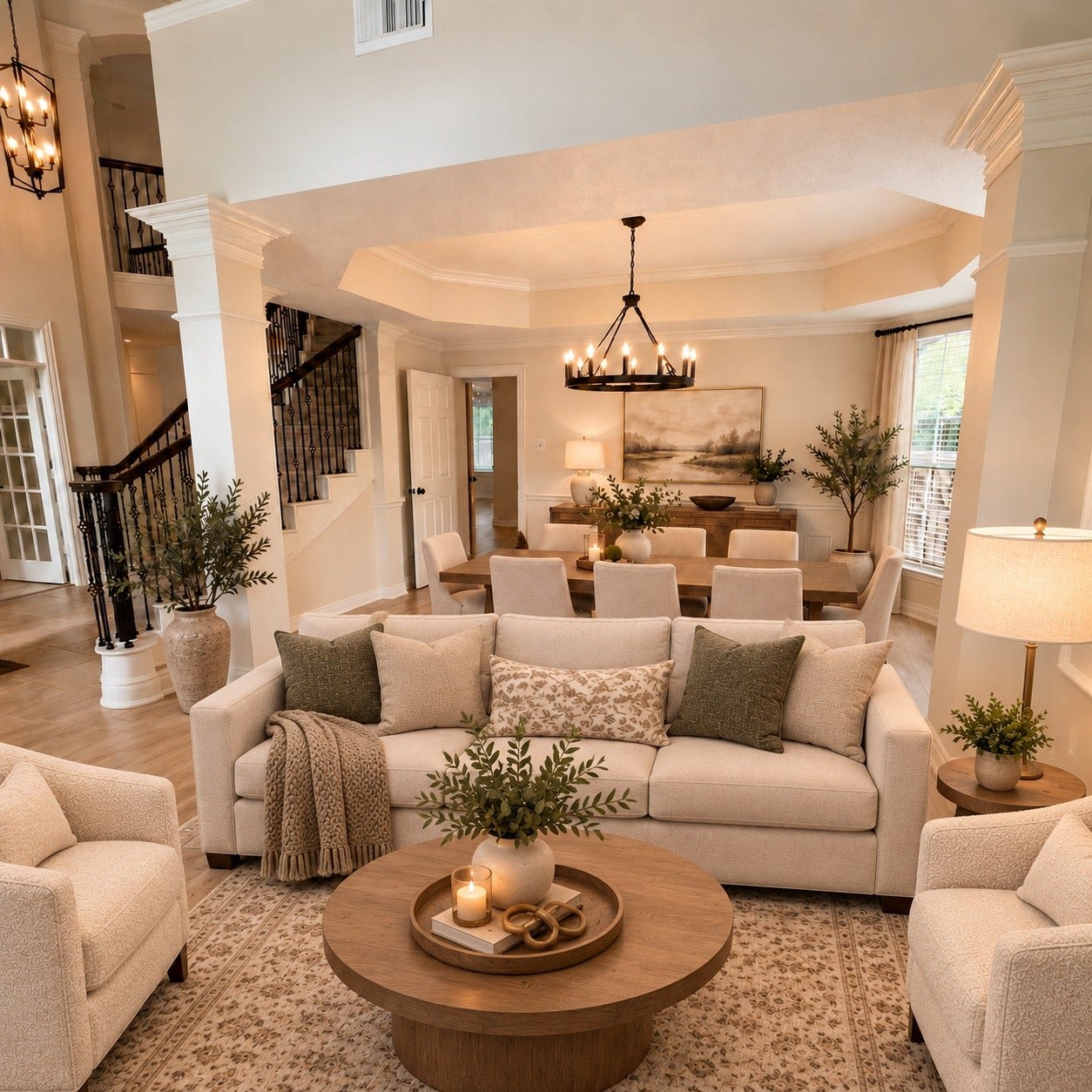 6 Meadow Rose Place, The Woodlands, TX 77382 Living Room and Dining Room AI Staged
