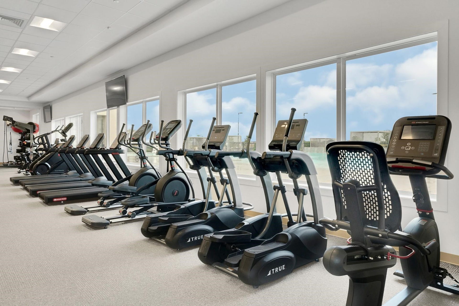 3831 Turnpike Drive, Fulshear, TX 77441 State-of-the-art fitness center with a variety of cardio machines, large windows, and ample natural light for an energizing workout experience.