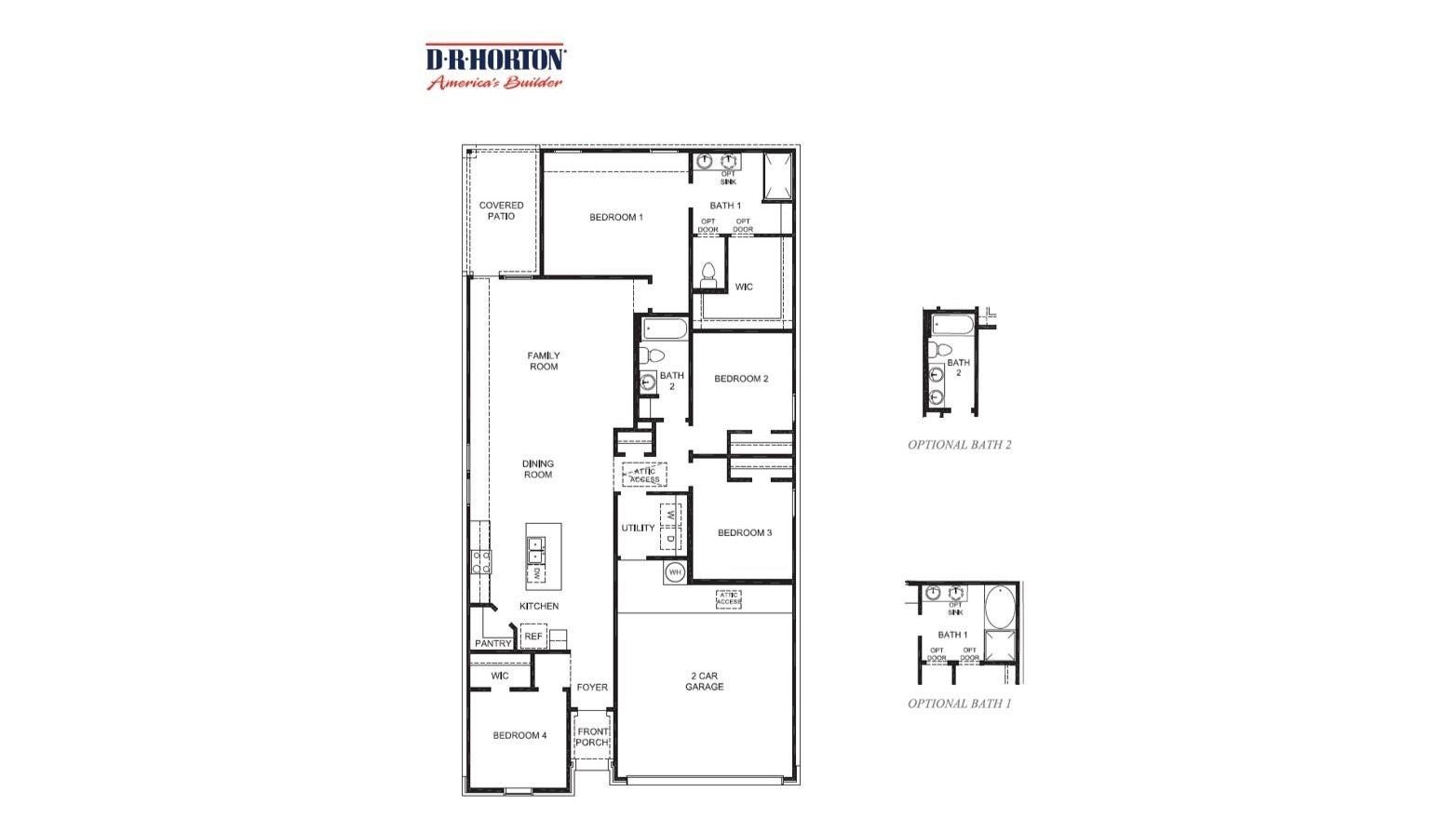 3831 Turnpike Drive, Fulshear, TX 77441 Spacious single-story floor plan featuring four bedrooms, a modern kitchen with a pantry, a cozy family room, and a two-car garage. Enjoy outdoor living with a covered patio and optional bath additions for extra convenience.