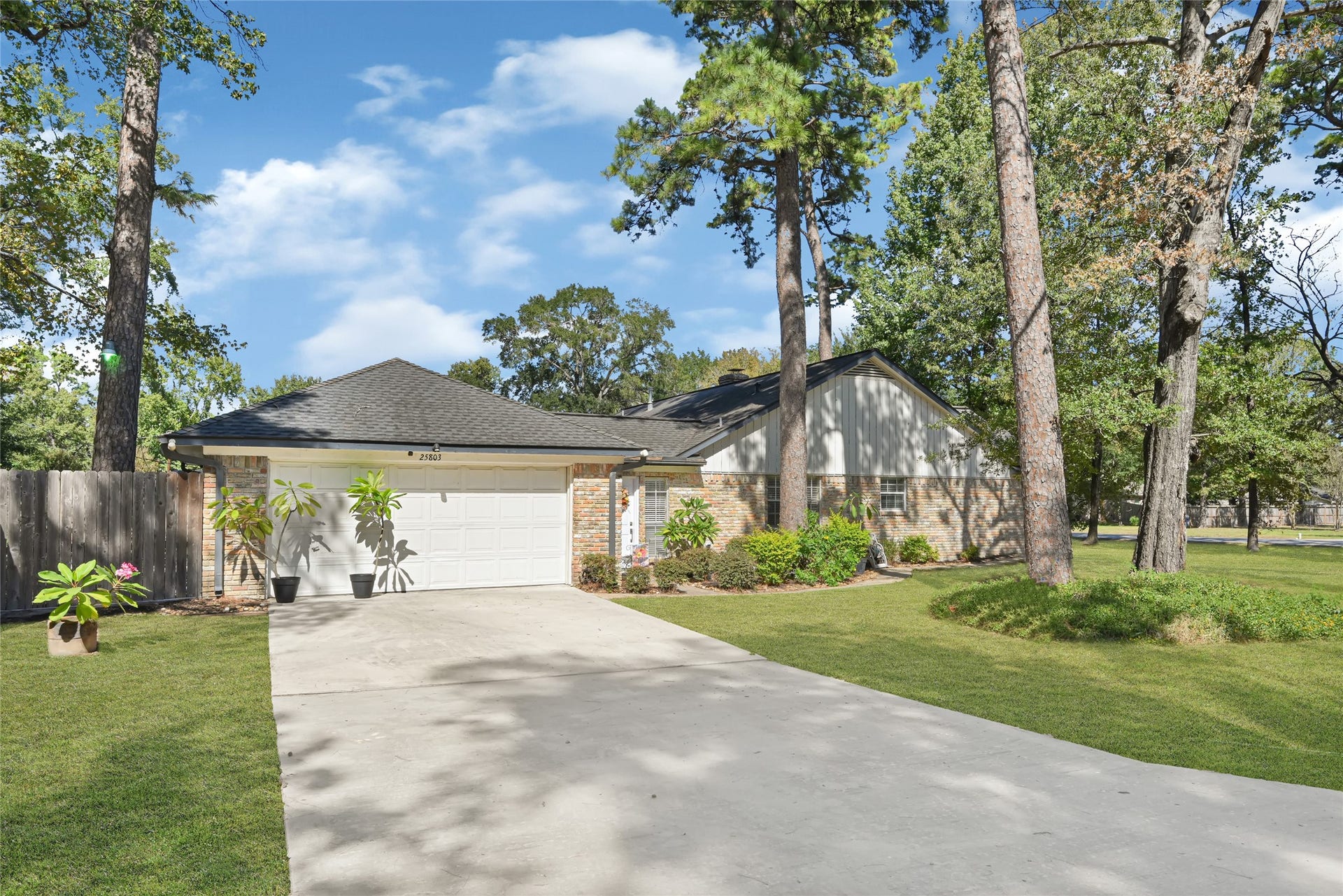 25803 Maplewood Drive, Spring, TX 77386 Charming single-story home surrounded by lush trees, featuring a spacious driveway leading to a two-car garage and a beautifully landscaped front yard.