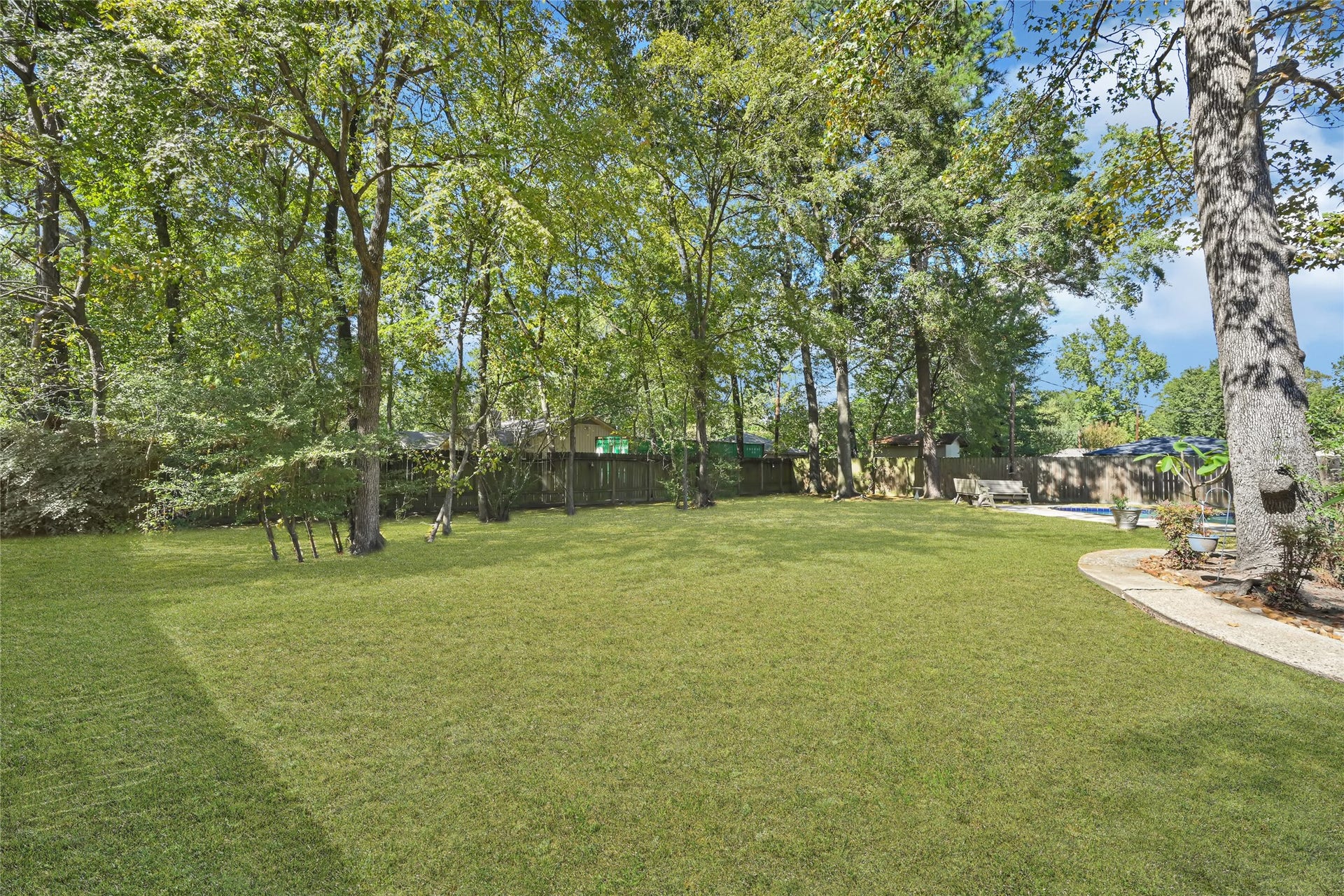 25803 Maplewood Drive, Spring, TX 77386 Expansive backyard with lush green lawn and mature trees, offering a serene and private outdoor retreat.