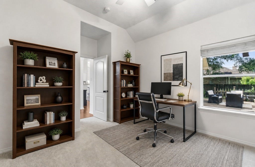 34019 Conroe Huffsmith Road, Magnolia, TX 77354 Bright and inviting home office featuring large windows with garden views, ample shelving, and a sleek workspace ideal for productivity.