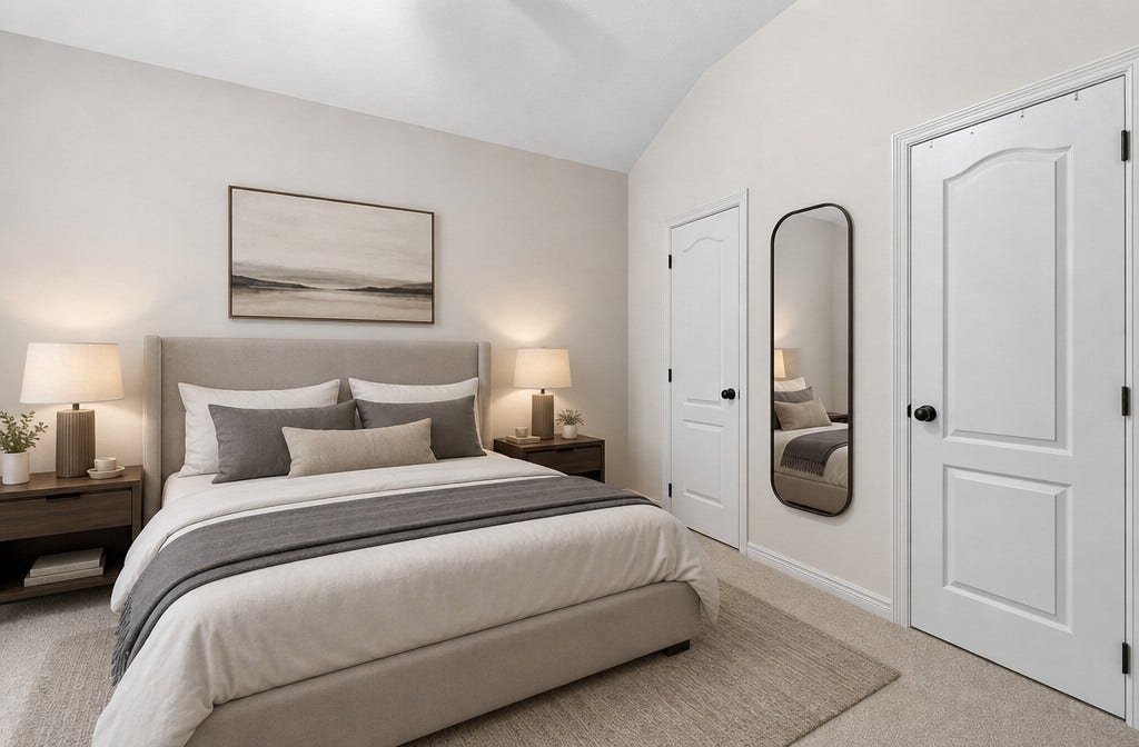 34019 Conroe Huffsmith Road, Magnolia, TX 77354 Elegant bedroom featuring a cozy bed with neutral tones, complemented by modern nightstands and ambient lighting.