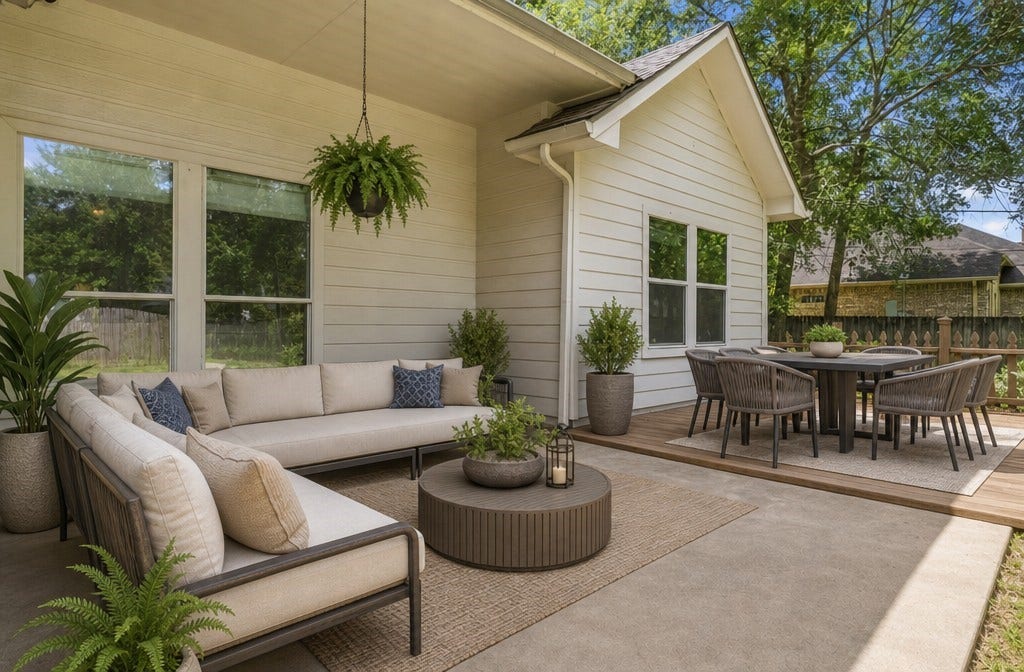 34019 Conroe Huffsmith Road, Magnolia, TX 77354 Charming outdoor patio featuring a cozy seating area with plush cushions, a modern dining set, and lush greenery, perfect for entertaining or relaxing in a serene backyard setting.