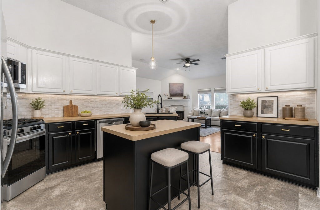 34019 Conroe Huffsmith Road, Magnolia, TX 77354 Elegant kitchen featuring a sleek two-tone design with black and white cabinetry, a central island with seating, and modern stainless steel appliances.