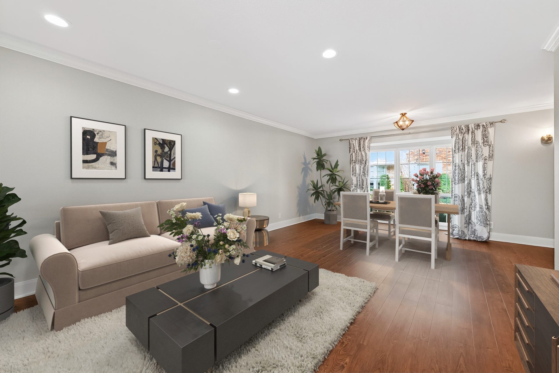 6351 Briar Rose Drive, #149, Houston, TX 77057 Bright living and dining space in this updated Houston townhome featuring modern finishes and flexible entertaining areas.