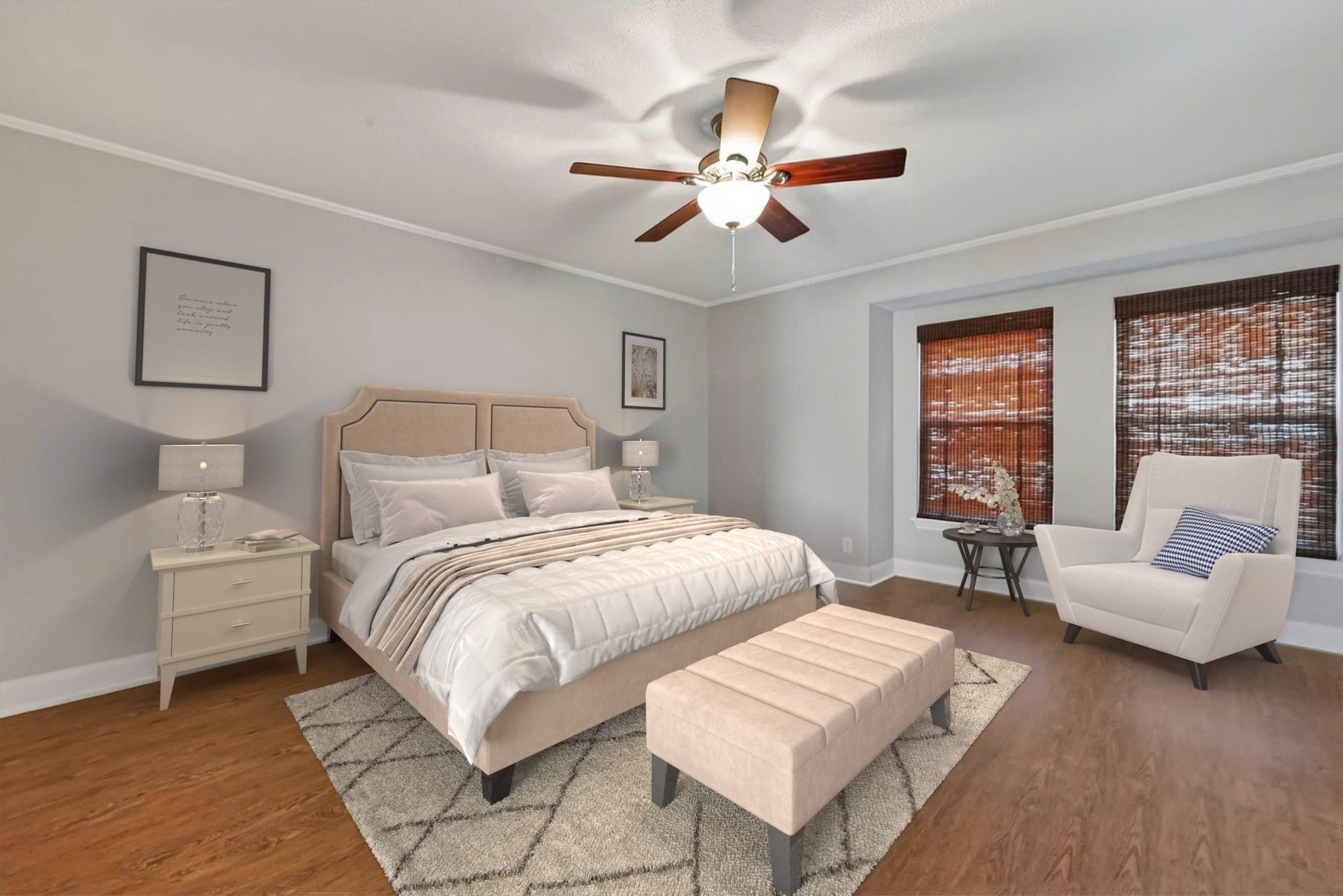 6351 Briar Rose Drive, #149, Houston, TX 77057 Spacious primary suite with updated flooring, natural light, and room for a king-sized bed and seating area.