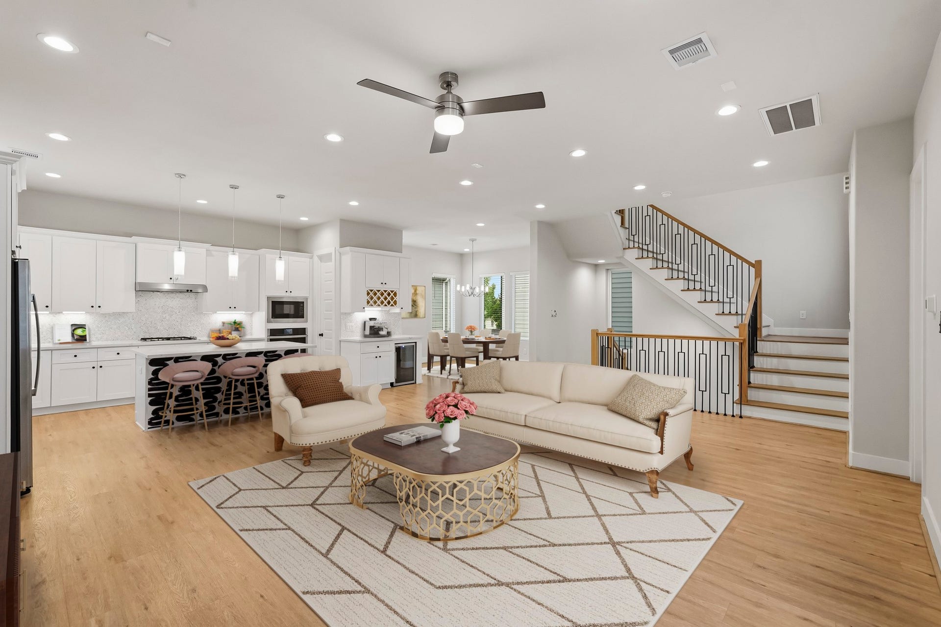3109 Arlington Street, Houston, TX 77018 Virtually Staged: A contemporary staircase with wood accents and black metal railing adds architectural character, while the open layout creates an inviting setting for everyday living and entertaining.