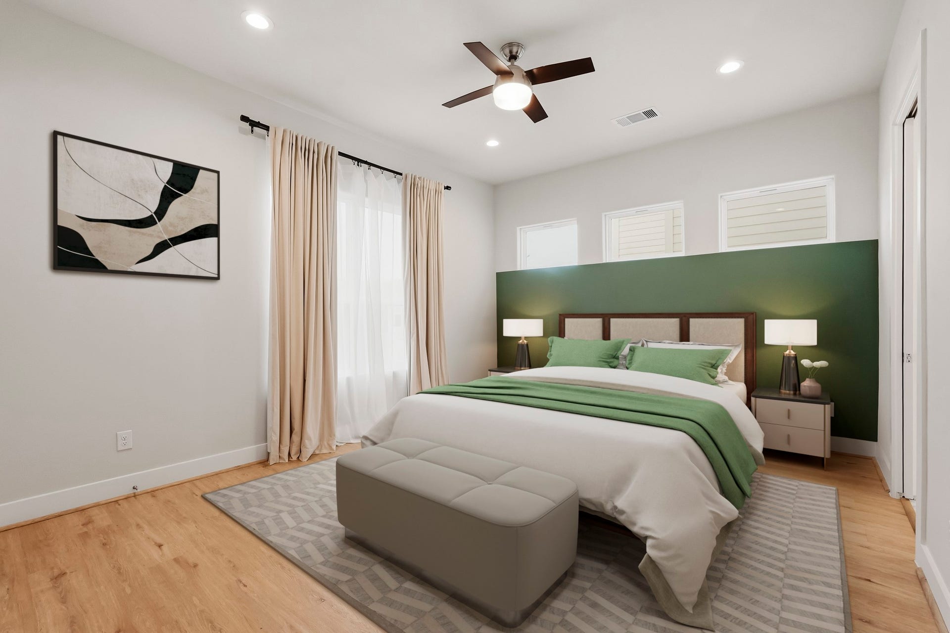 3109 Arlington Street, Houston, TX 77018 Virtually Staged: This inviting primary bedroom features luxury vinyl plank flooring, a striking green accent wall, a ceiling fan, and elevated windows that bring in natural light.