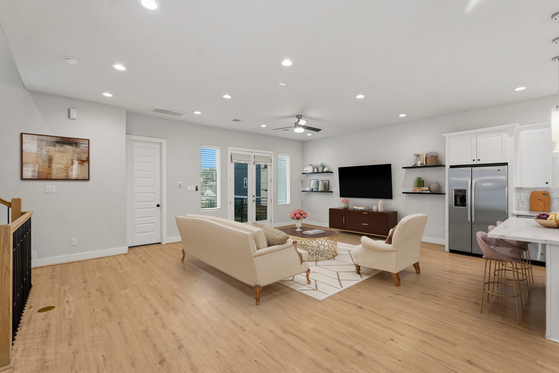 3109 Arlington Street, Houston, TX 77018 Virtually Staged: French doors and surrounding windows bring in abundant natural light and provide access to the outdoor balcony, while the seamless connection to the kitchen makes the space ideal for everyday living and entertaining.