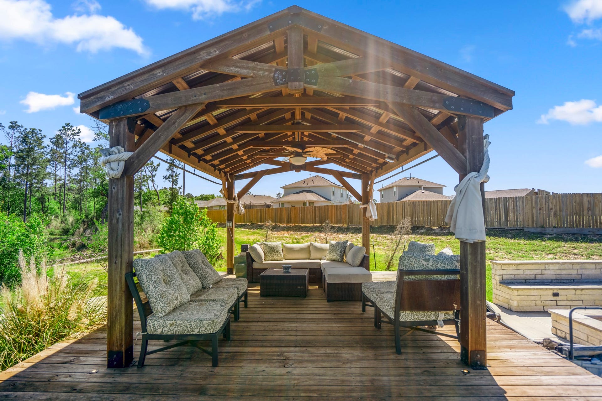 Pond with seating area and dock