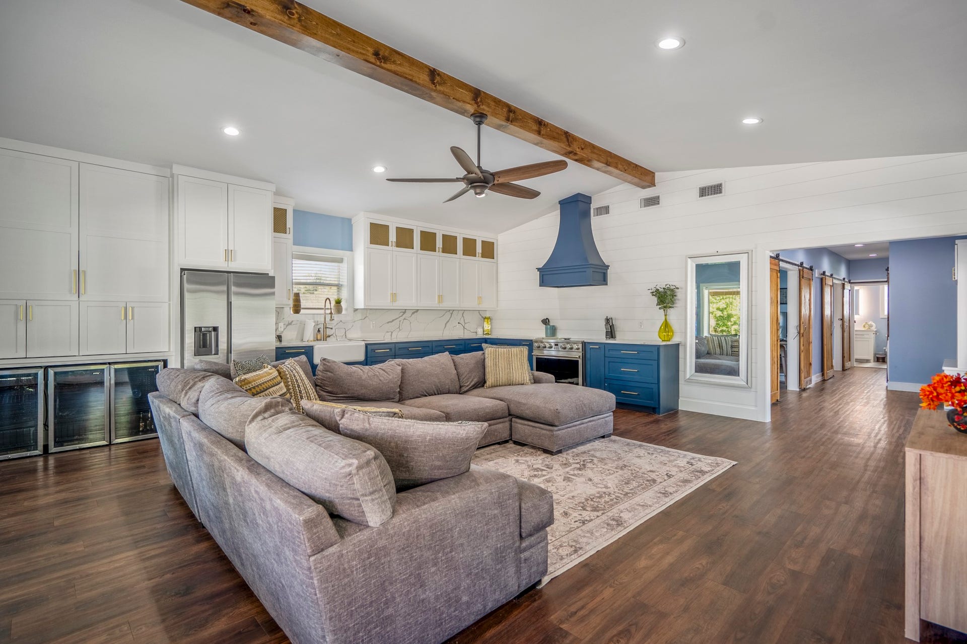 Open plan guest house living room and
kitchen