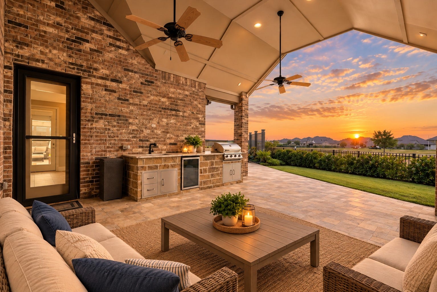 Covered patio with serene water views