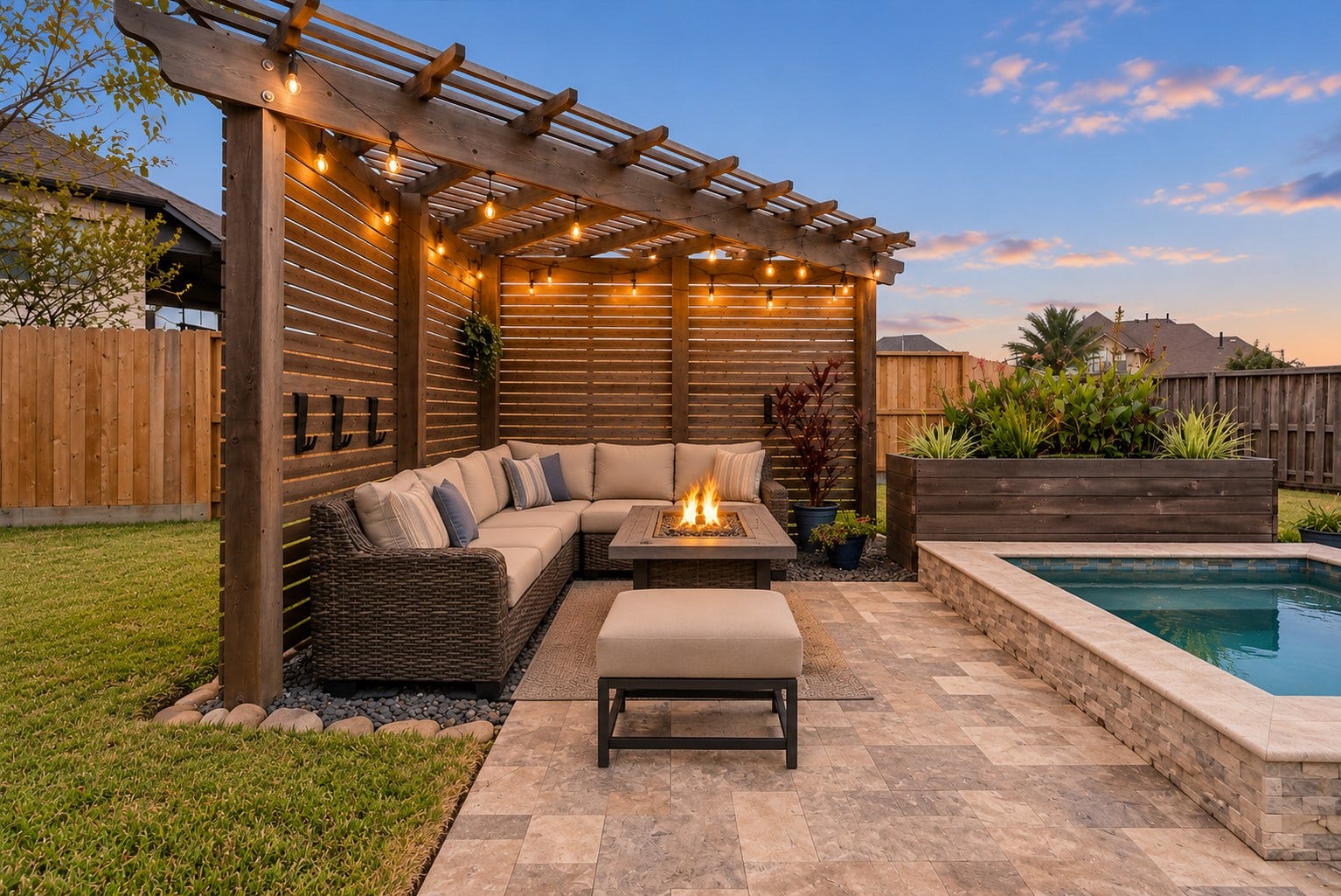 Your backyard paradise features a resort-style pool, spa, cedar pergola, covered patio, expansive travertine decking, and outdoor kitchen designed for entertaining!
