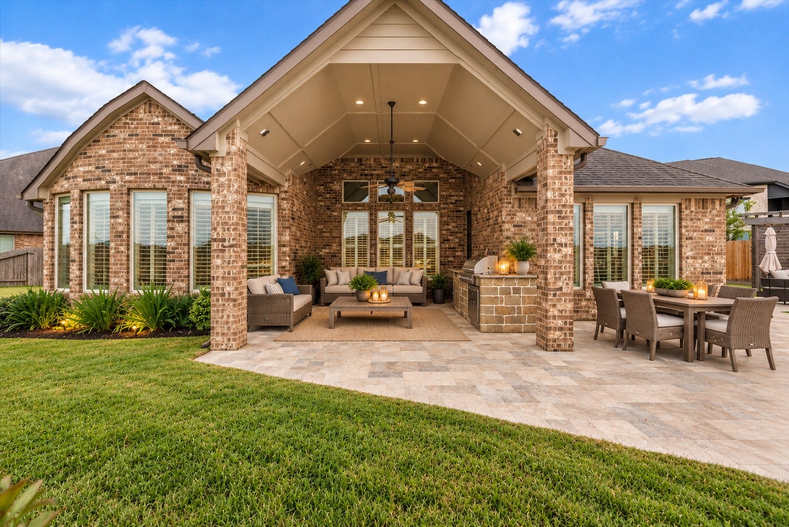 Your backyard paradise features a resort-style pool, spa, cedar pergola, covered patio, expansive travertine decking, and outdoor kitchen designed for entertaining!