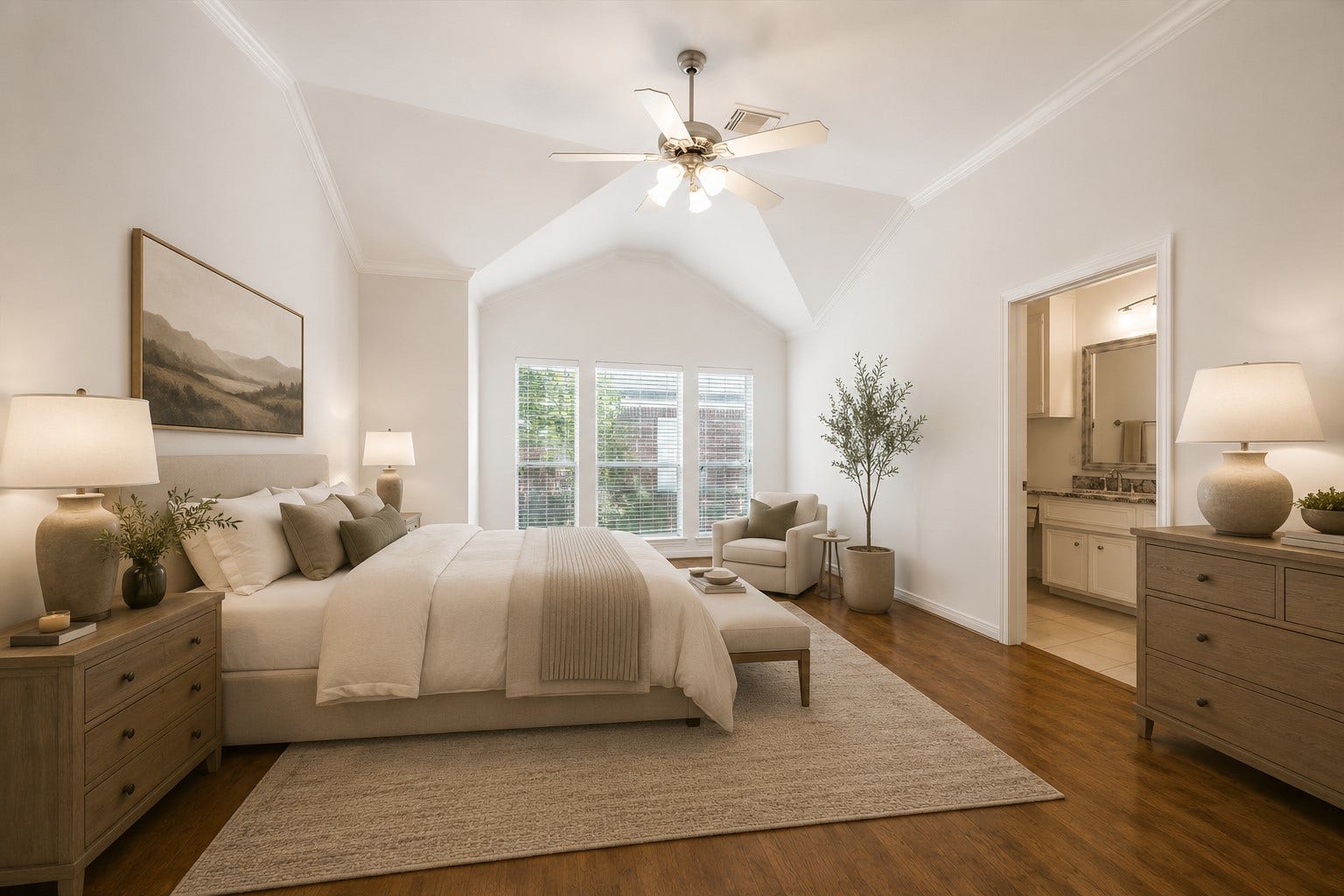 1008 Marconi Street, #A, Houston, TX 77019 Oversized primary suite with soaring ceilings, natural light. (Digitally staged image.)