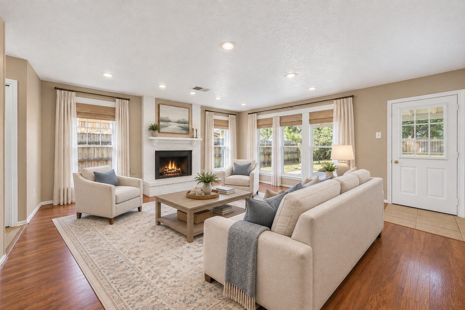 3507 Santa Rosa Lane, Sugar Land, TX 77478 Step right into a cozy, light-filled living room framed by large windows that offer scenic views of the lush backyard and patio area.