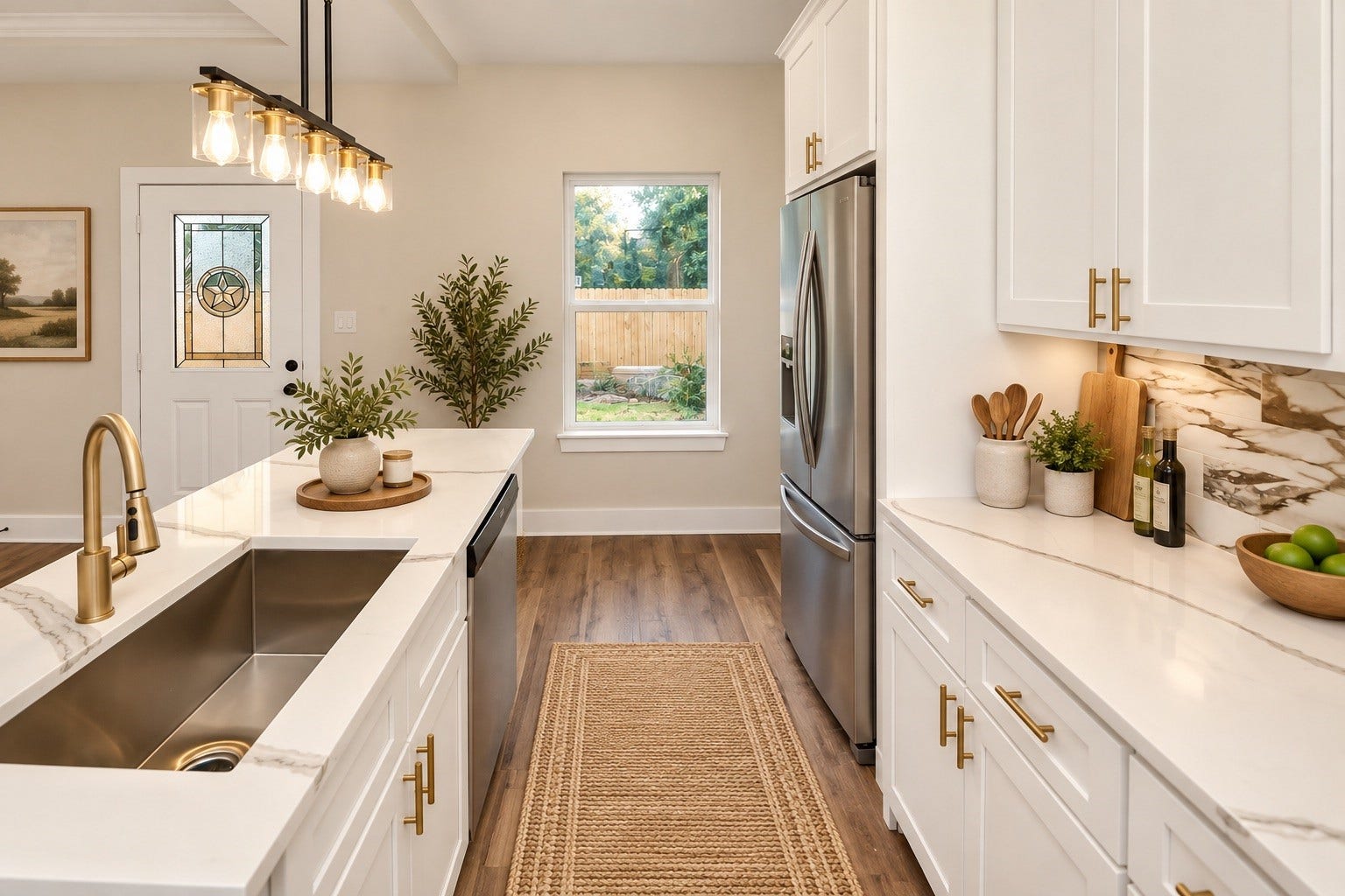 6624 Nielan Street, Houston, TX 77028 The kitchen features quartz countertops, a spacious center island, pendant lighting, white soft-close cabinetry, and a decorative backsplash. Stainless steel appliances and modern fixtures complete the design. | Virtually Staged