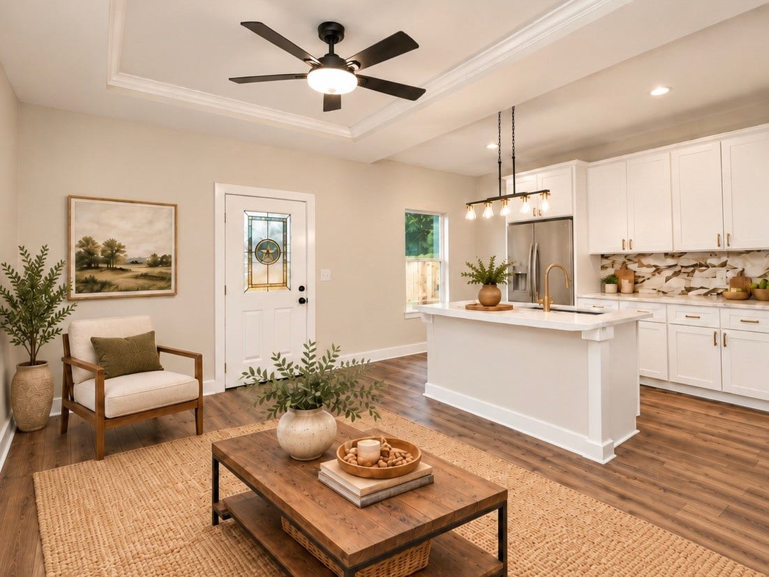 6624 Nielan Street, Houston, TX 77028 Designed with everyday living in mind, the open-concept family room connects directly to the kitchen, where quartz countertops, soft-close cabinetry, and an island provide both style and functionality. | Virtually Staged