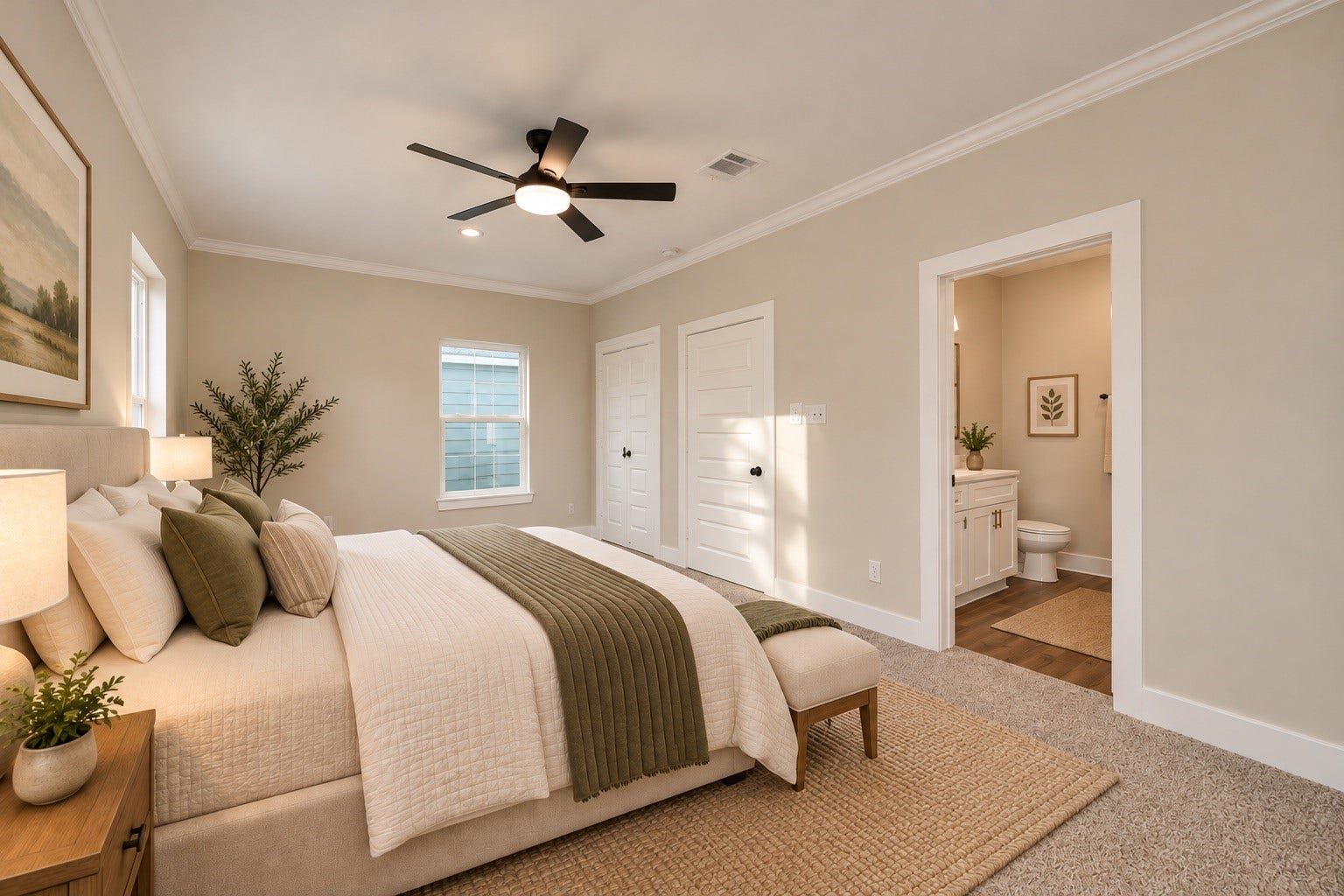 6624 Nielan Street, Houston, TX 77028 Another view of the primary bedroom highlights its generous proportions, neutral finishes, and tray ceiling. The adjoining en-suite bathroom includes dual sinks and a soaking tub. | Virtually Staged