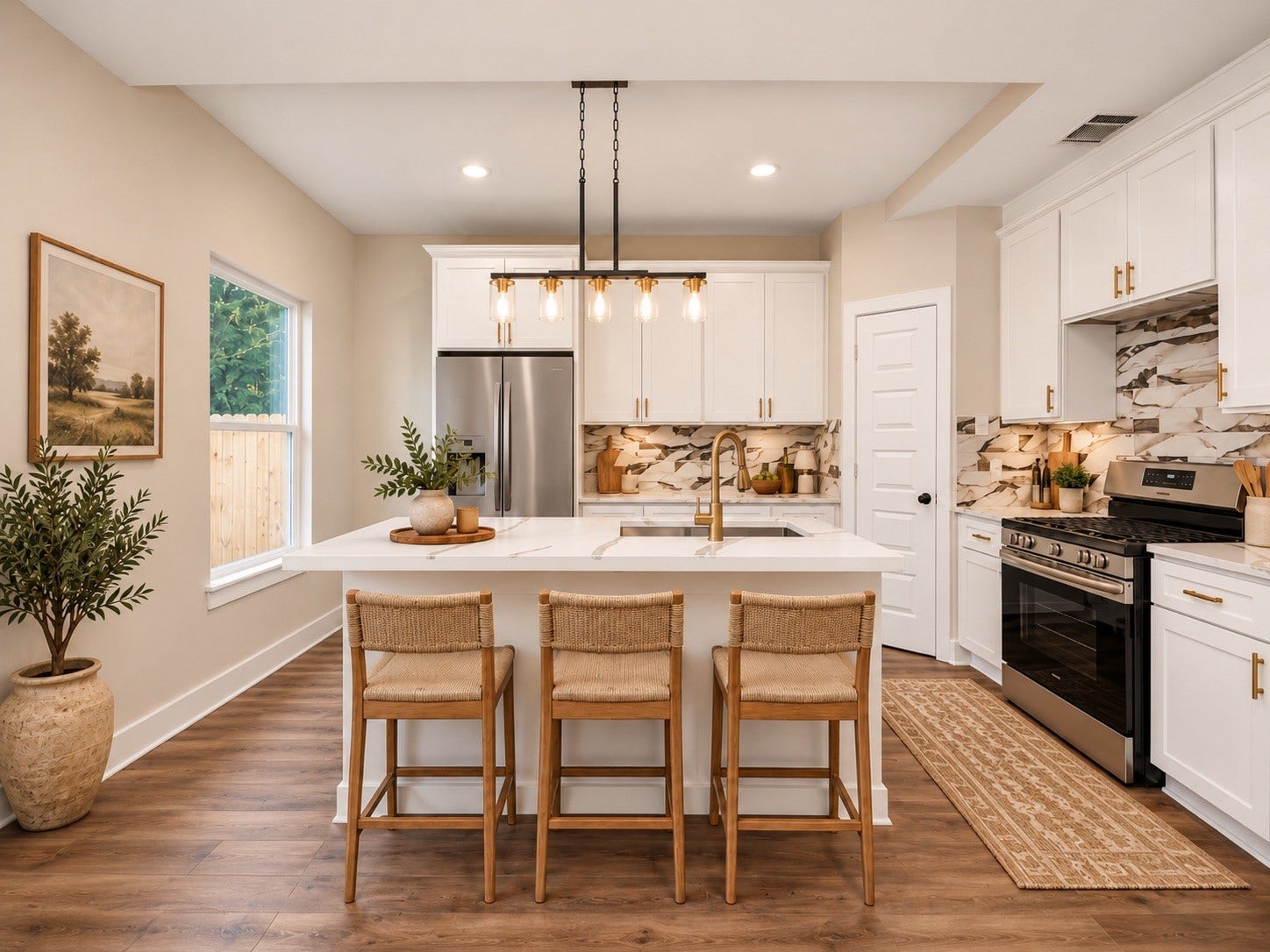 6624 Nielan Street, Houston, TX 77028 The kitchen combines white cabinetry, quartz countertops, contrasting hardware, and a decorative backsplash with stainless steel appliances, including an electric range, microwave, and dishwasher. | Virtually Staged